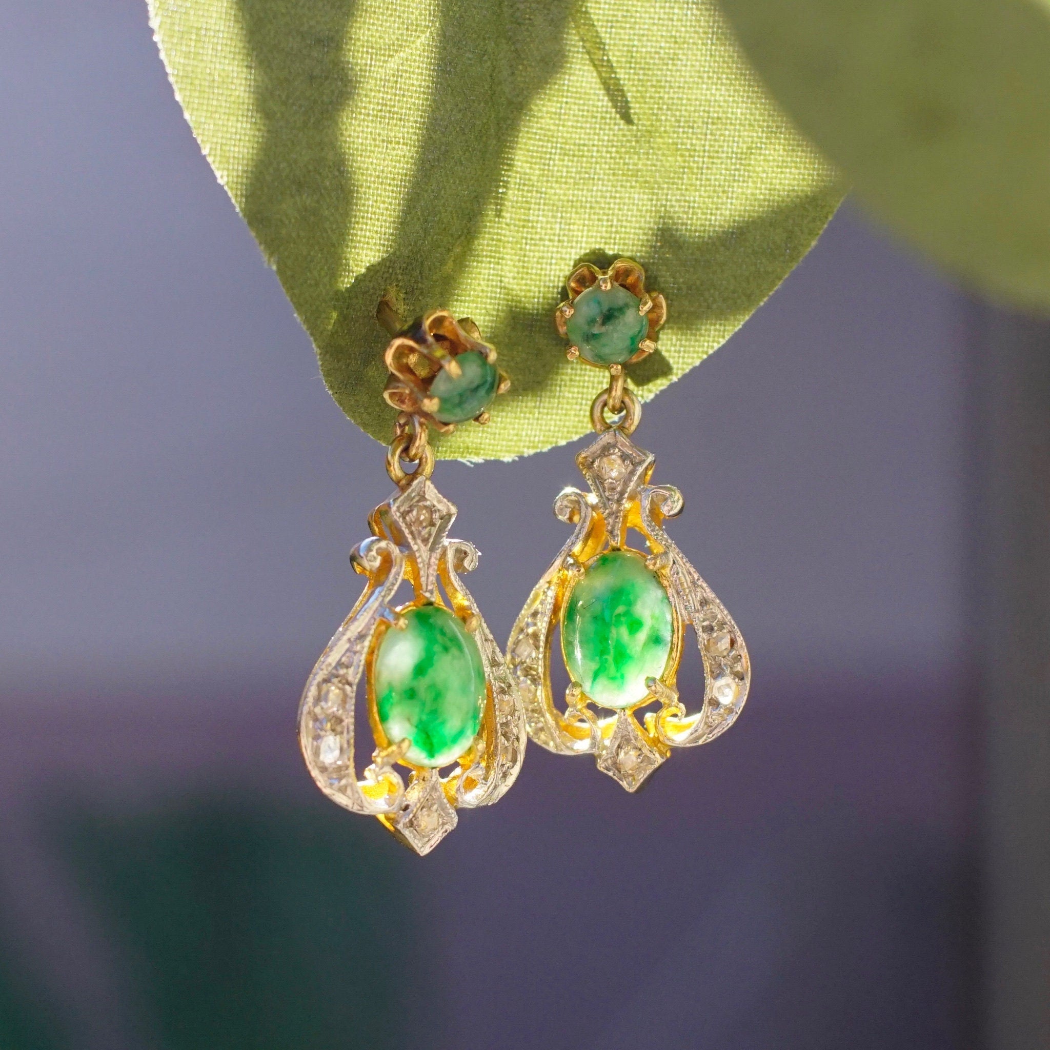 Vintage 14K Gold, Diamond & Jadeite Drop Earrings, Gorgeous Yellow and White Gold Diamond Encrusted Dangle Earrings With Marbled Green Stone