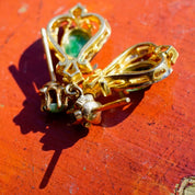 Vintage 14K Gold, Diamond & Jadeite Drop Earrings, Gorgeous Yellow and White Gold Diamond Encrusted Dangle Earrings With Marbled Green Stone