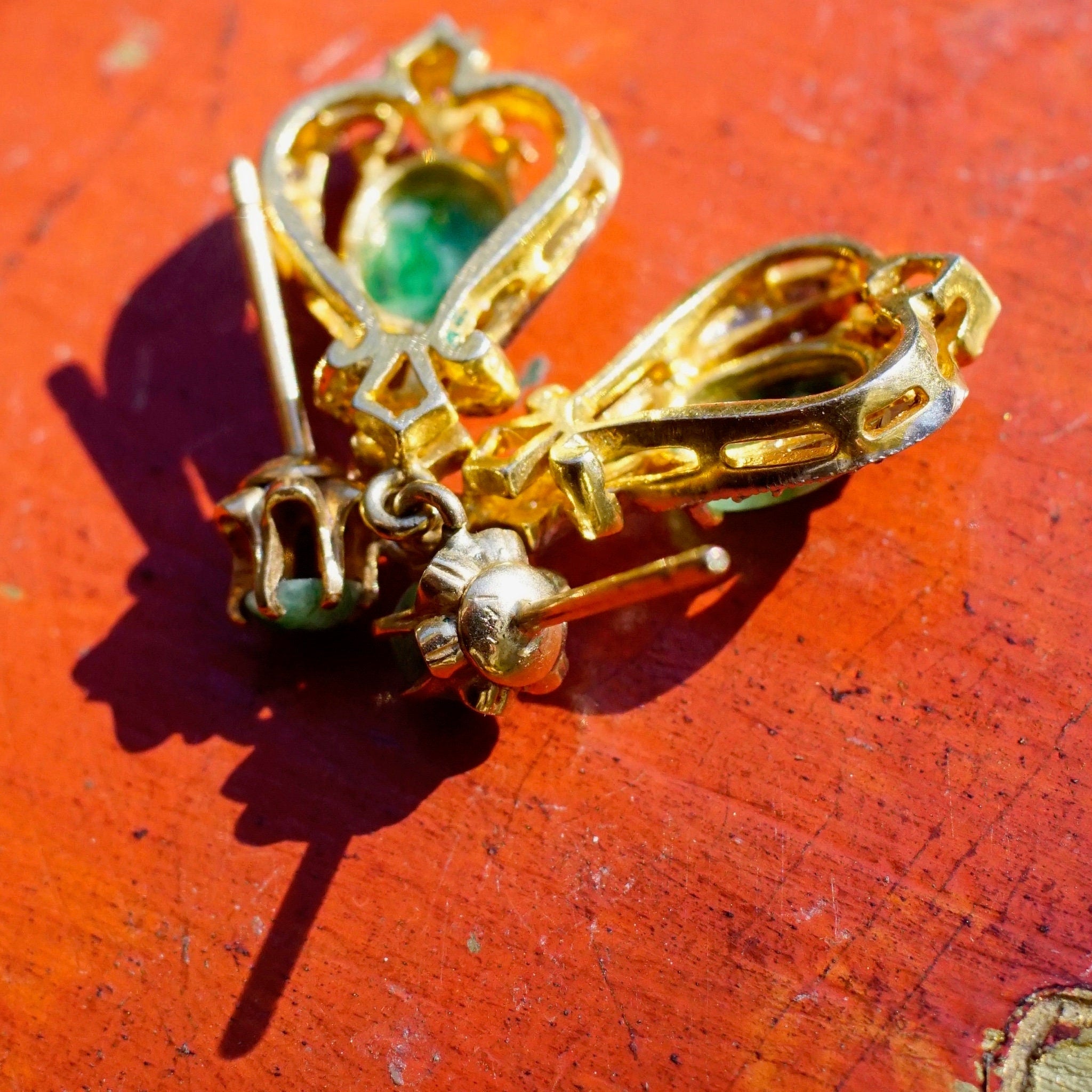 Vintage 14K Gold, Diamond & Jadeite Drop Earrings, Gorgeous Yellow and White Gold Diamond Encrusted Dangle Earrings With Marbled Green Stone
