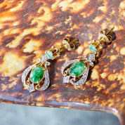 Vintage 14K Gold, Diamond & Jadeite Drop Earrings, Gorgeous Yellow and White Gold Diamond Encrusted Dangle Earrings With Marbled Green Stone