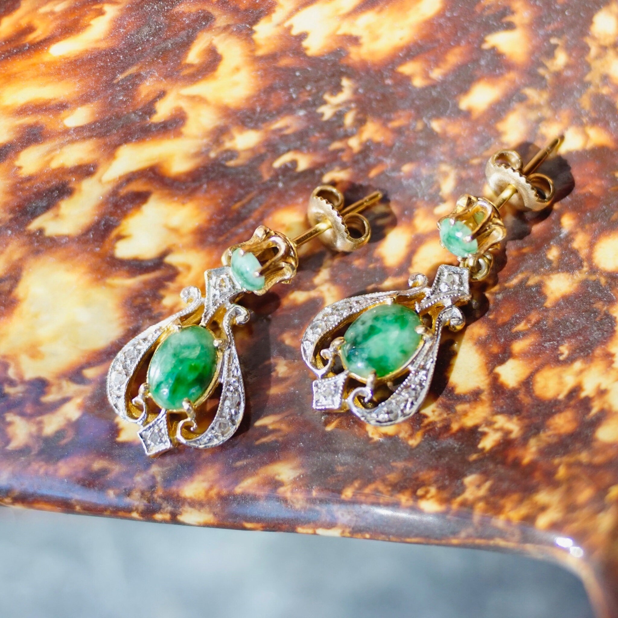 Vintage 14K Gold, Diamond & Jadeite Drop Earrings, Gorgeous Yellow and White Gold Diamond Encrusted Dangle Earrings With Marbled Green Stone