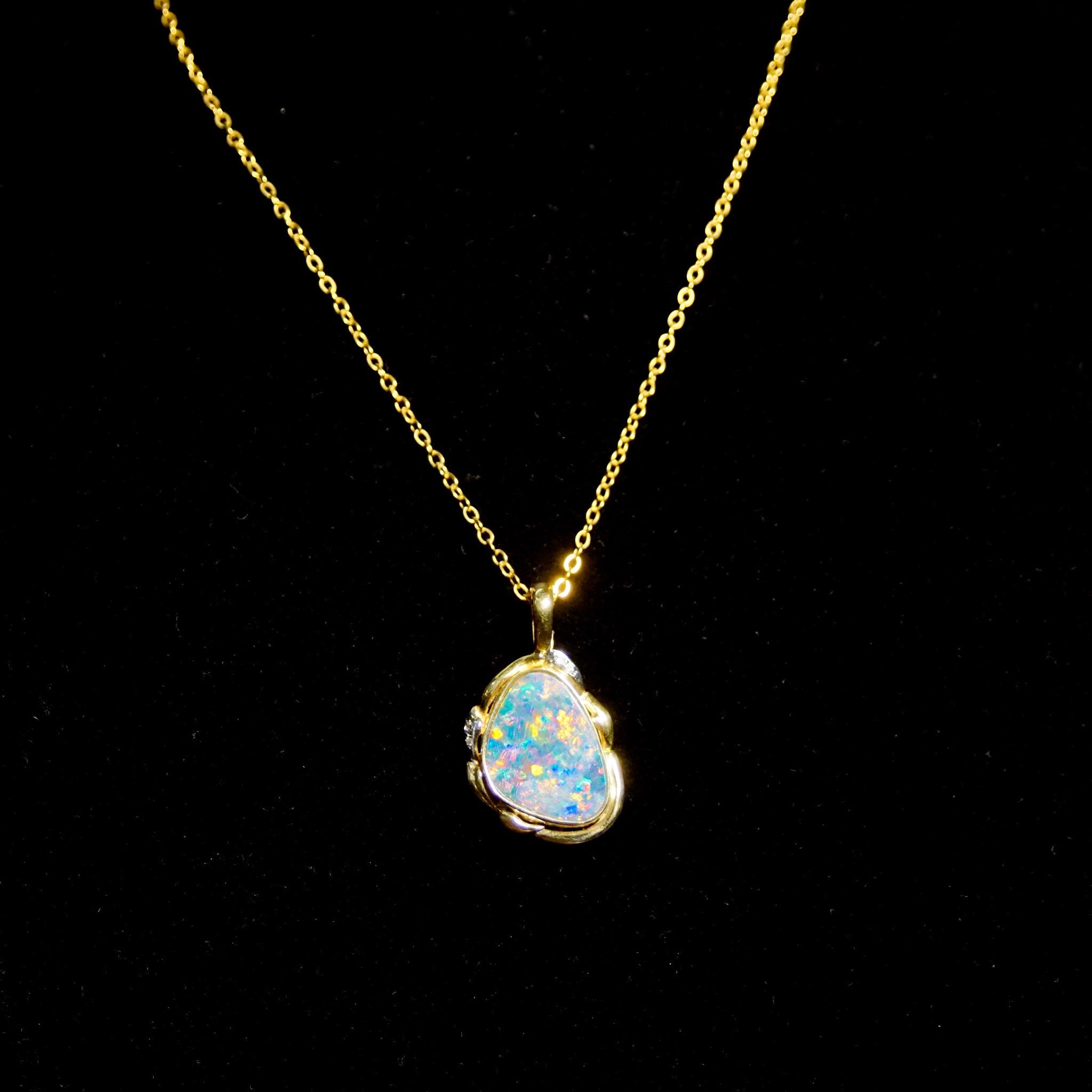 Vintage 14K Gold Crystal Opal & Diamond Pendant, Gorgeous Opalescent Pendant With Accent Diamonds, Ornate Gold Opal Necklace Pendant, 14K