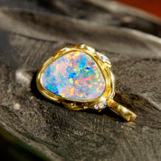 Vintage 14K Gold Crystal Opal & Diamond Pendant, Gorgeous Opalescent Pendant With Accent Diamonds, Ornate Gold Opal Necklace Pendant, 14K