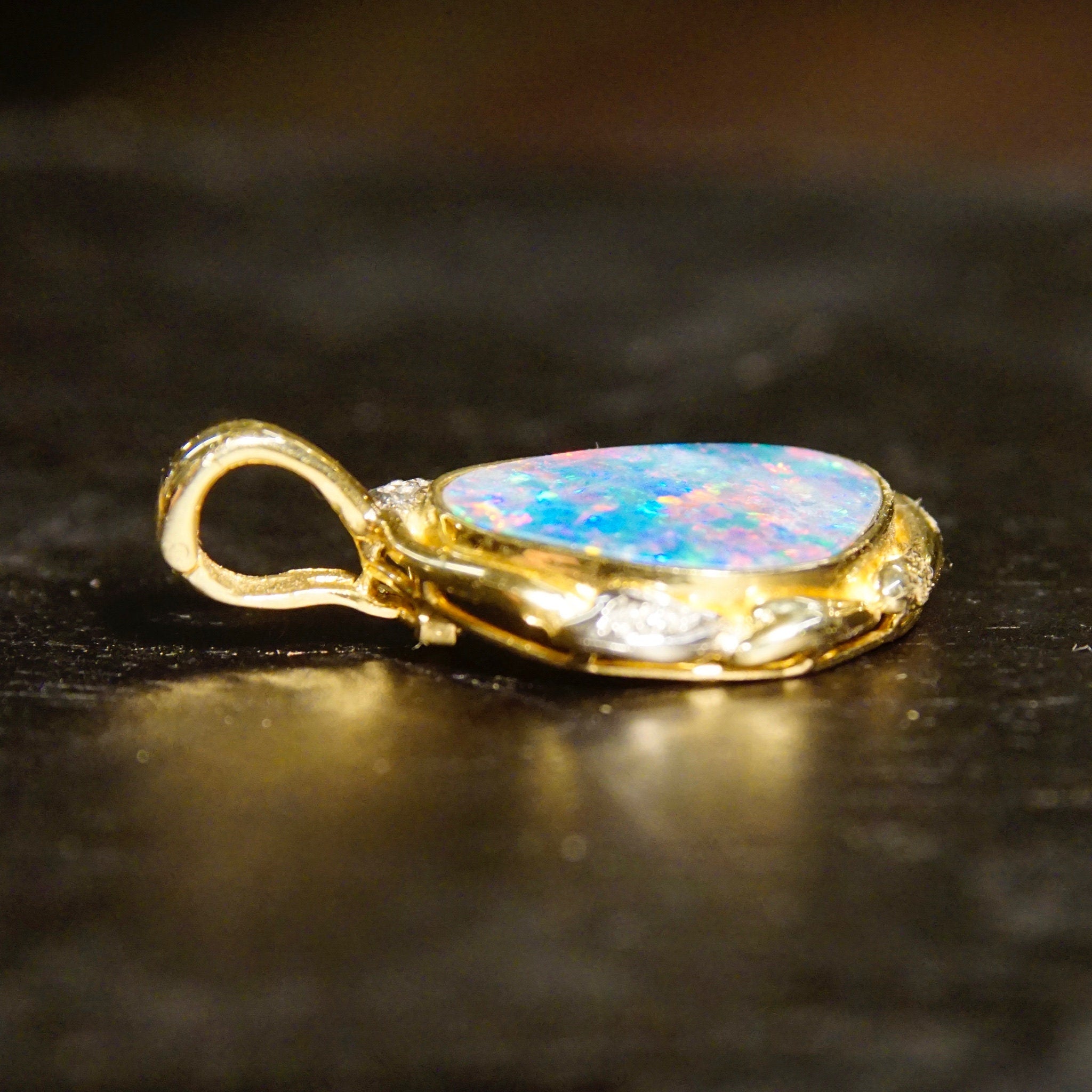 Vintage 14K Gold Crystal Opal & Diamond Pendant, Gorgeous Opalescent Pendant With Accent Diamonds, Ornate Gold Opal Necklace Pendant, 14K