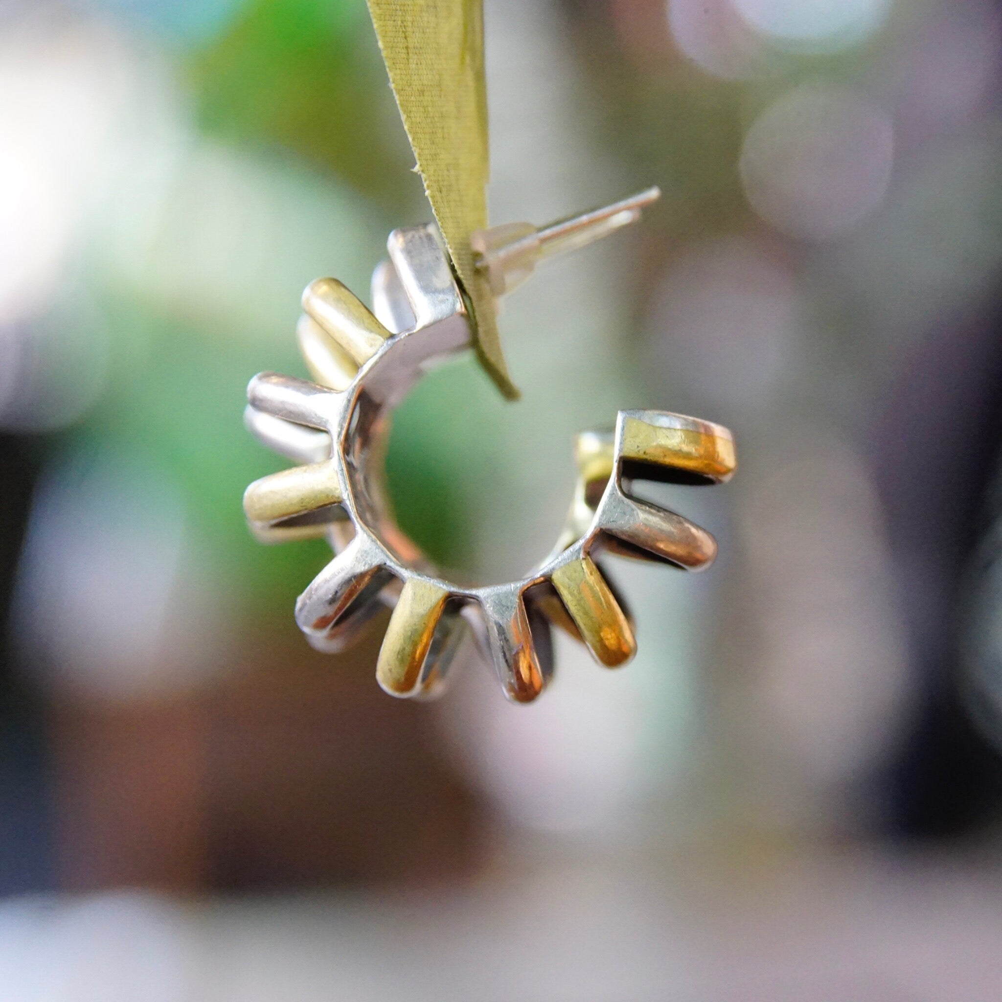 Vintage Taxco Two-Tone Chunky Hoop Earrings, Chunky Sterling Silver & Brass Overlay Half Moon Hoop Stud Earrings, 925 Mexico