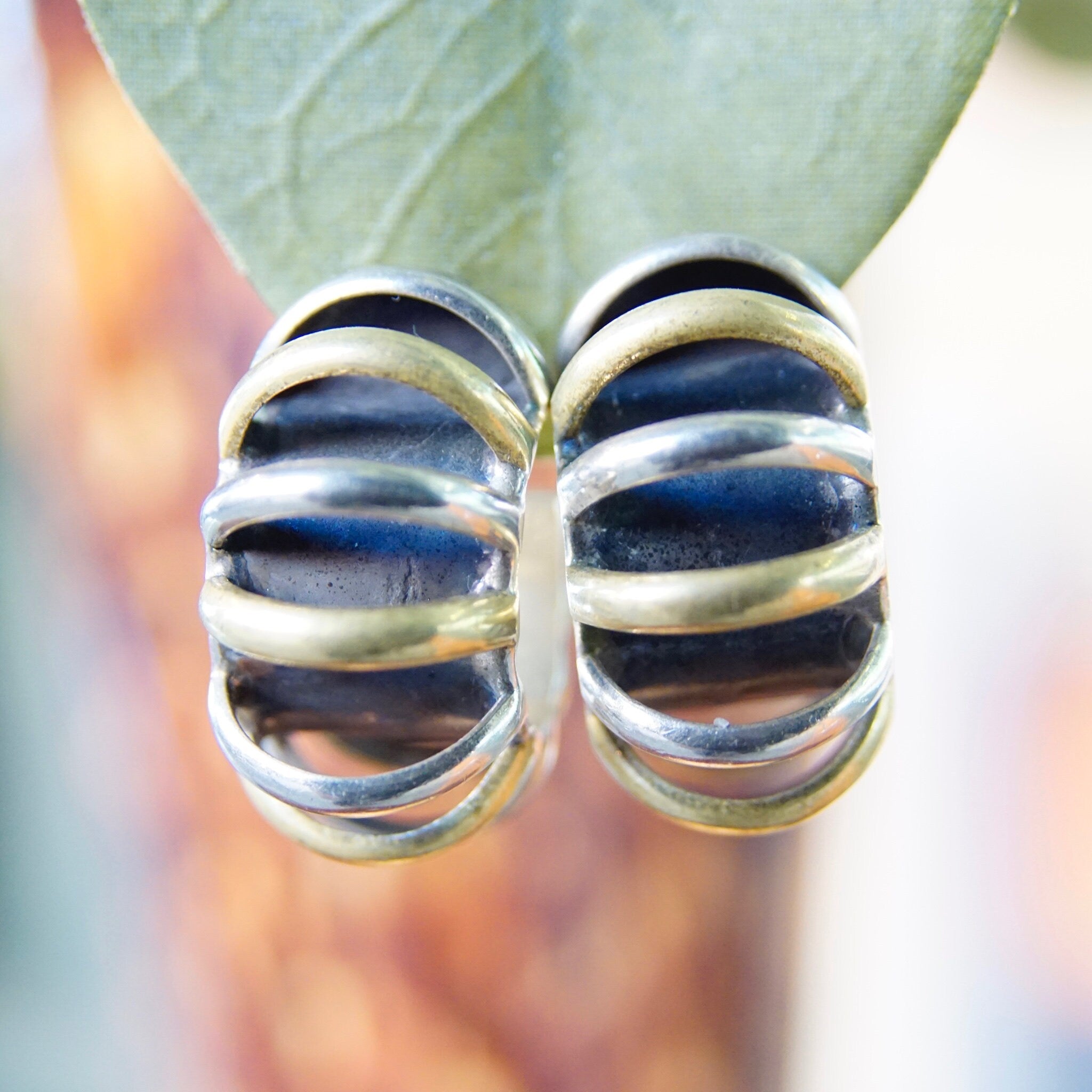 Vintage Taxco Two-Tone Chunky Hoop Earrings, Chunky Sterling Silver & Brass Overlay Half Moon Hoop Stud Earrings, 925 Mexico