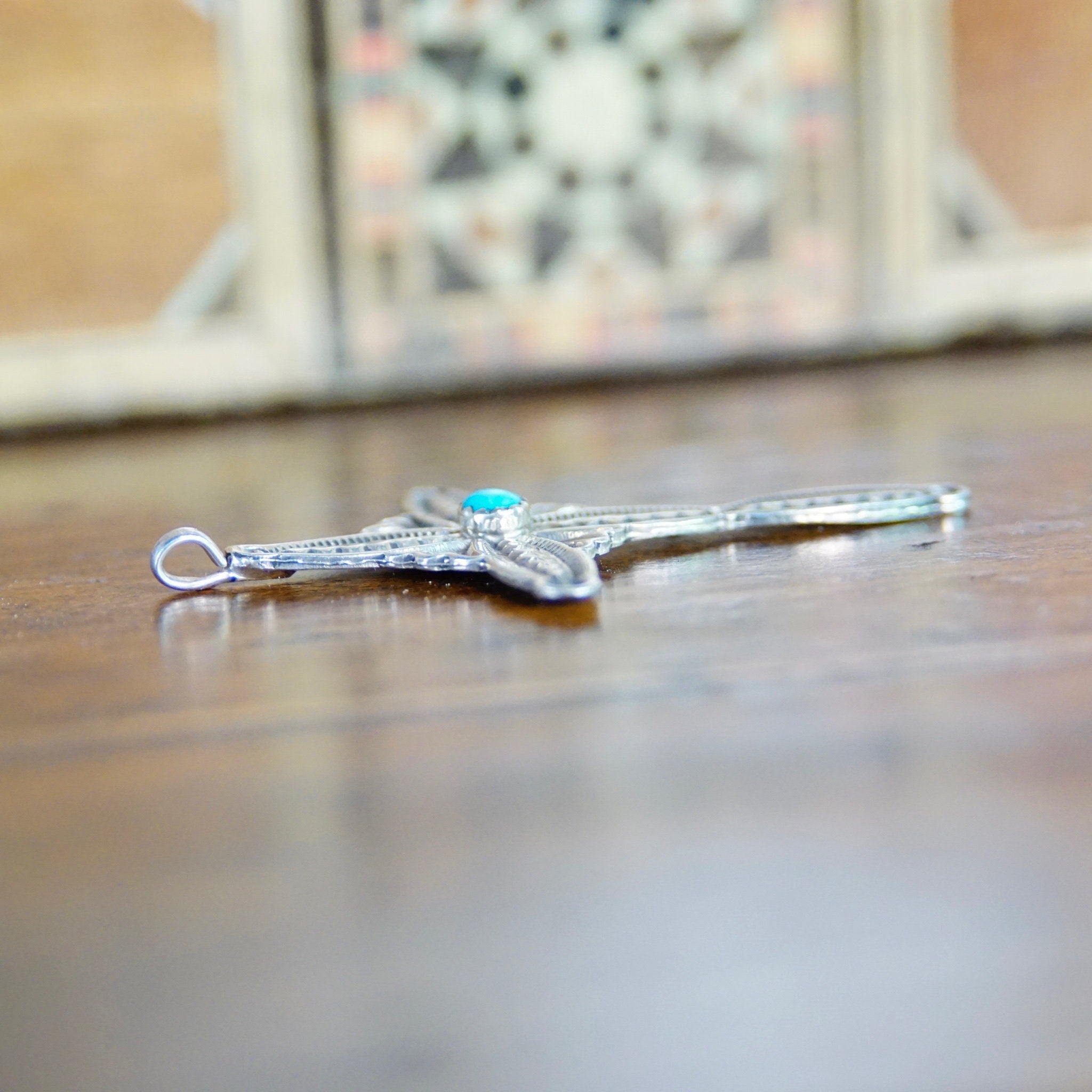 Vintage Native American Hammered Sterling Silver Cross Pendant, RB Sterling, Navajo Silver & Turquoise Cross Necklace Pendant, 925 Jewelry