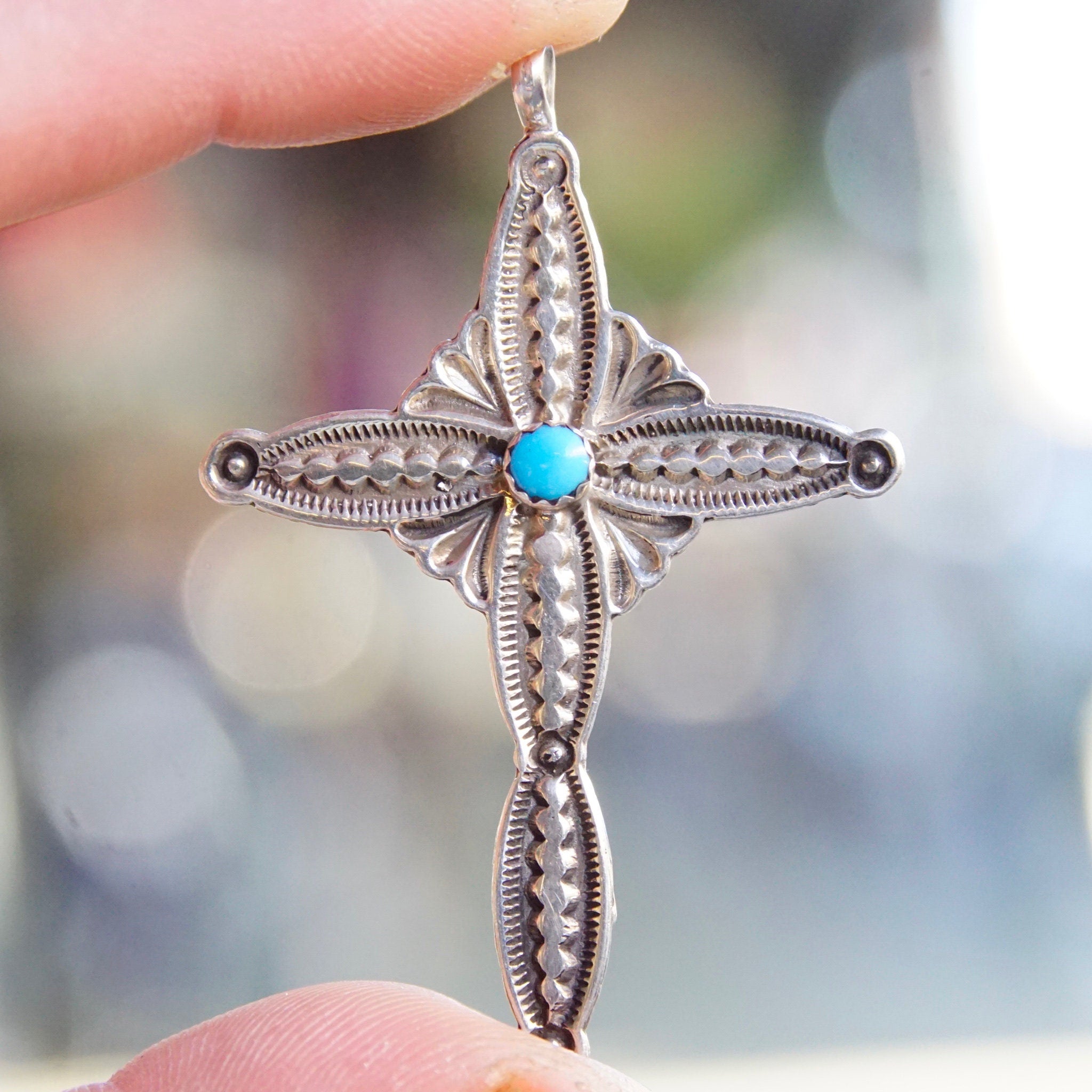 Vintage Native American Hammered Sterling Silver Cross Pendant, RB Sterling, Navajo Silver & Turquoise Cross Necklace Pendant, 925 Jewelry