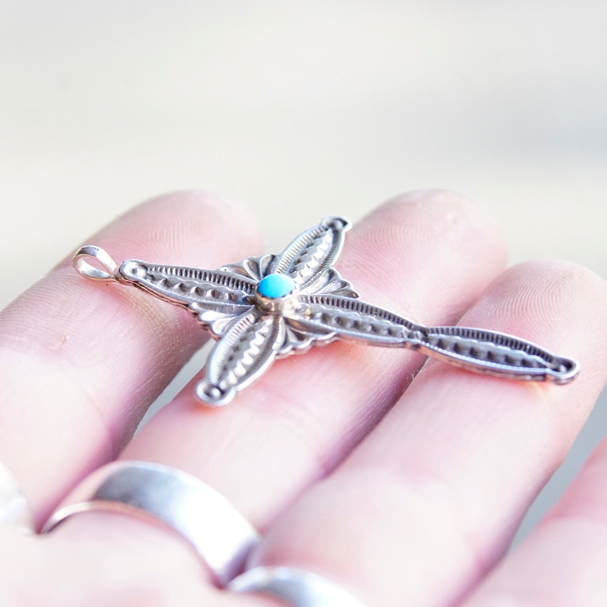 Vintage Native American Hammered Sterling Silver Cross Pendant, RB Sterling, Navajo Silver & Turquoise Cross Necklace Pendant, 925 Jewelry