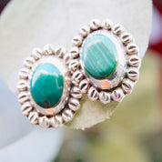 Vintage Sterling Silver & Malachite Flower Stud Earrings, Hammered Silver Earrings With Green Stone, Statement Earrings, Mexico 925