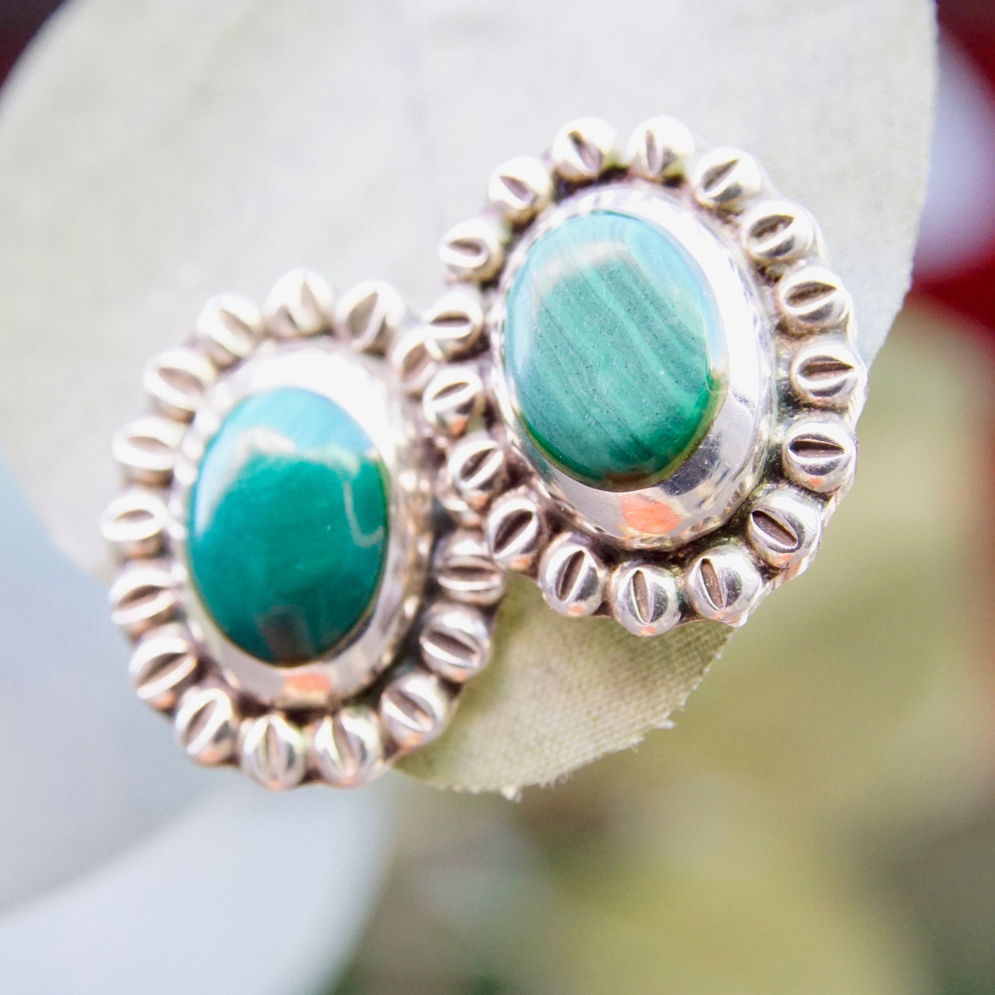 Vintage Sterling Silver & Malachite Flower Stud Earrings, Hammered Silver Earrings With Green Stone, Statement Earrings, Mexico 925