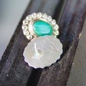 Vintage Sterling Silver & Malachite Flower Stud Earrings, Hammered Silver Earrings With Green Stone, Statement Earrings, Mexico 925