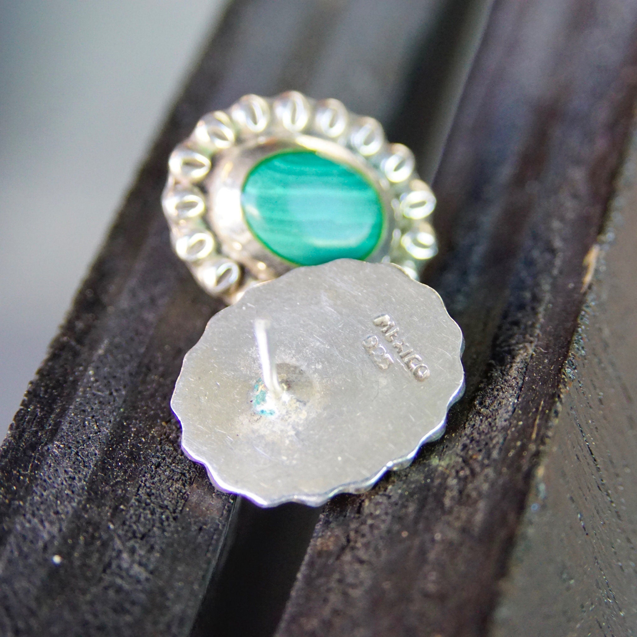 Vintage Sterling Silver & Malachite Flower Stud Earrings, Hammered Silver Earrings With Green Stone, Statement Earrings, Mexico 925