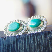 Vintage Sterling Silver & Malachite Flower Stud Earrings, Hammered Silver Earrings With Green Stone, Statement Earrings, Mexico 925
