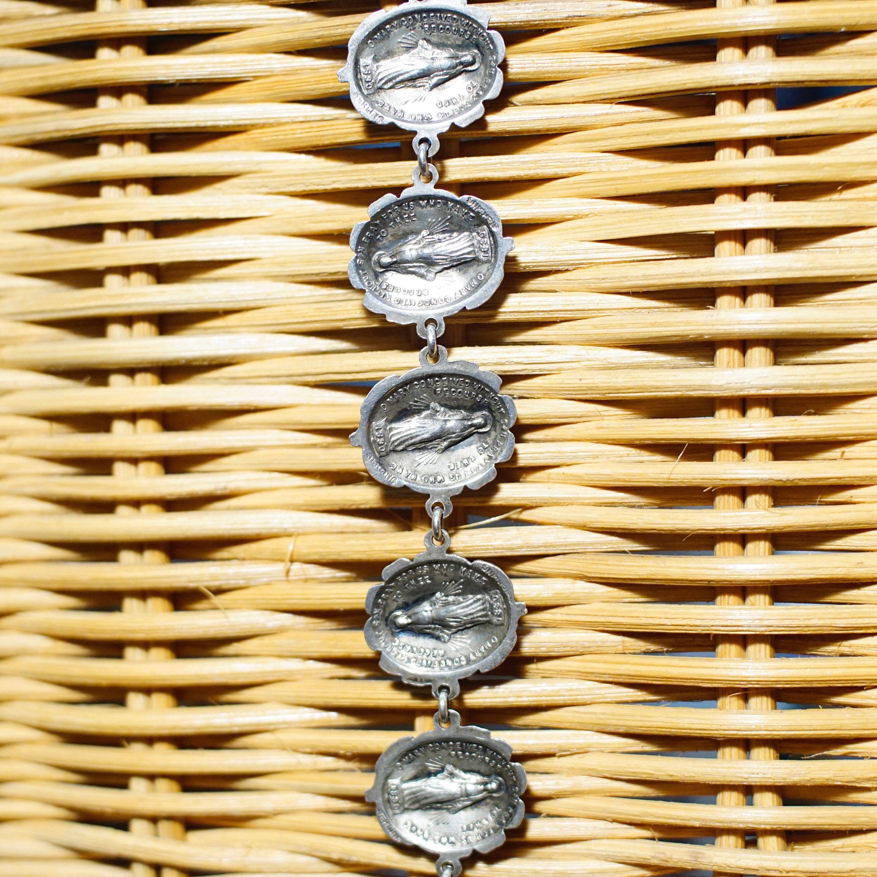 Vintage HMH Sterling Silver Rosebud & Mother Mary Reversible Bracelet, Patron Saint Virgin Mary Rose Link Bracelet, Religious Jewelry, 925