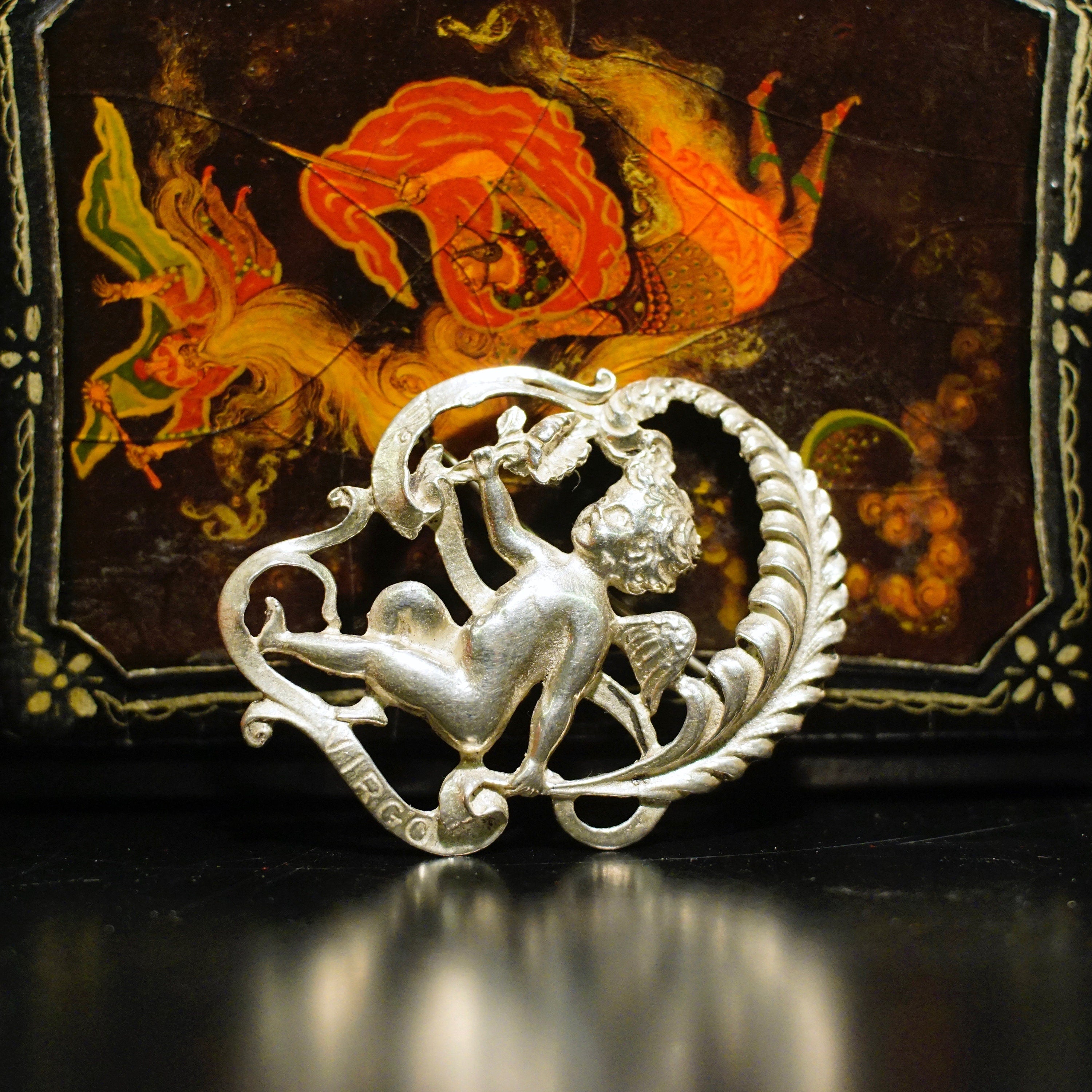 Vintage Sterling By Cini Virgo Cherub Brooch, Intricate Sterling Silver Cupid Pin, Art Nouveau, Virgo Zodiac/Astrological Sign, 925 Jewelry