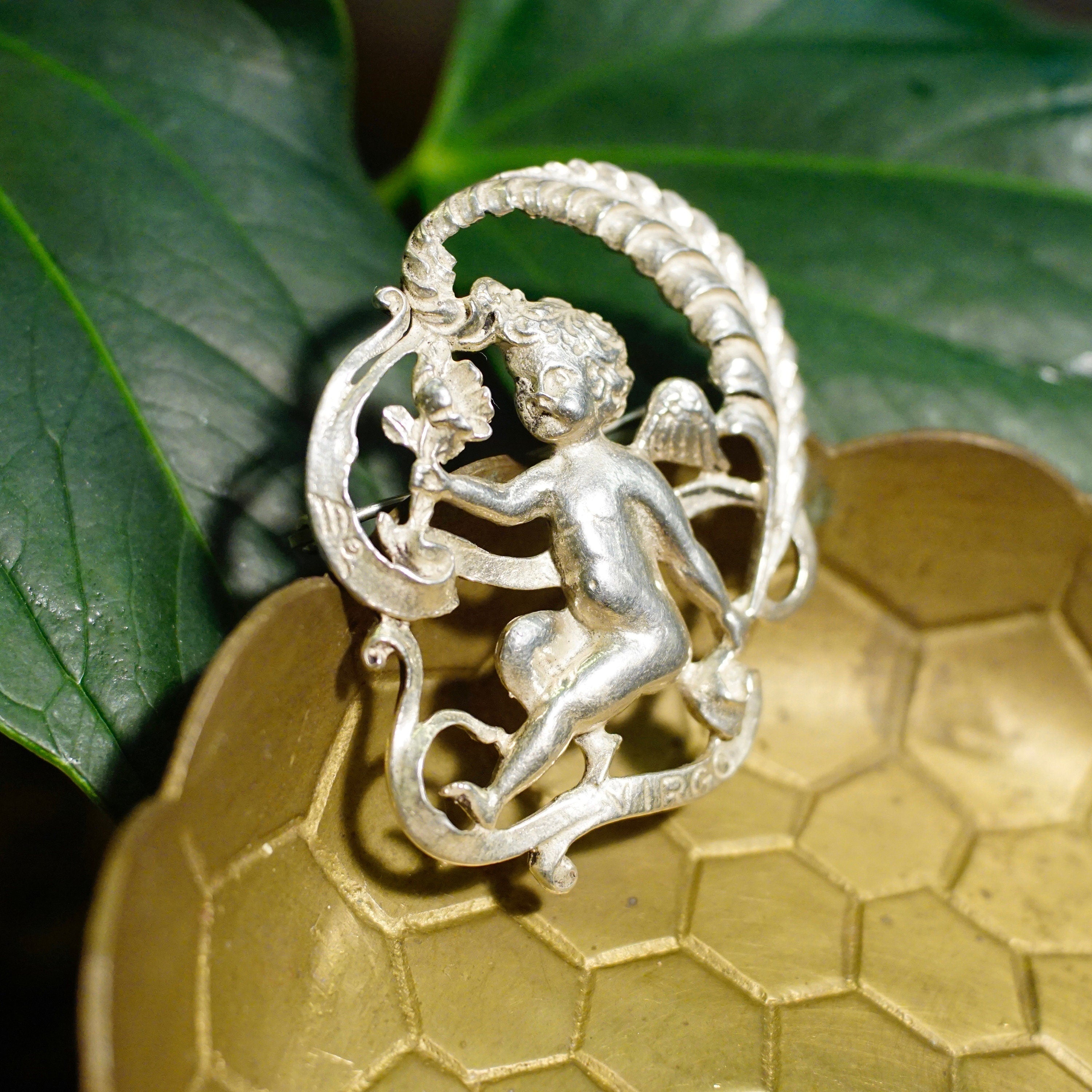 Vintage Sterling By Cini Virgo Cherub Brooch, Intricate Sterling Silver Cupid Pin, Art Nouveau, Virgo Zodiac/Astrological Sign, 925 Jewelry