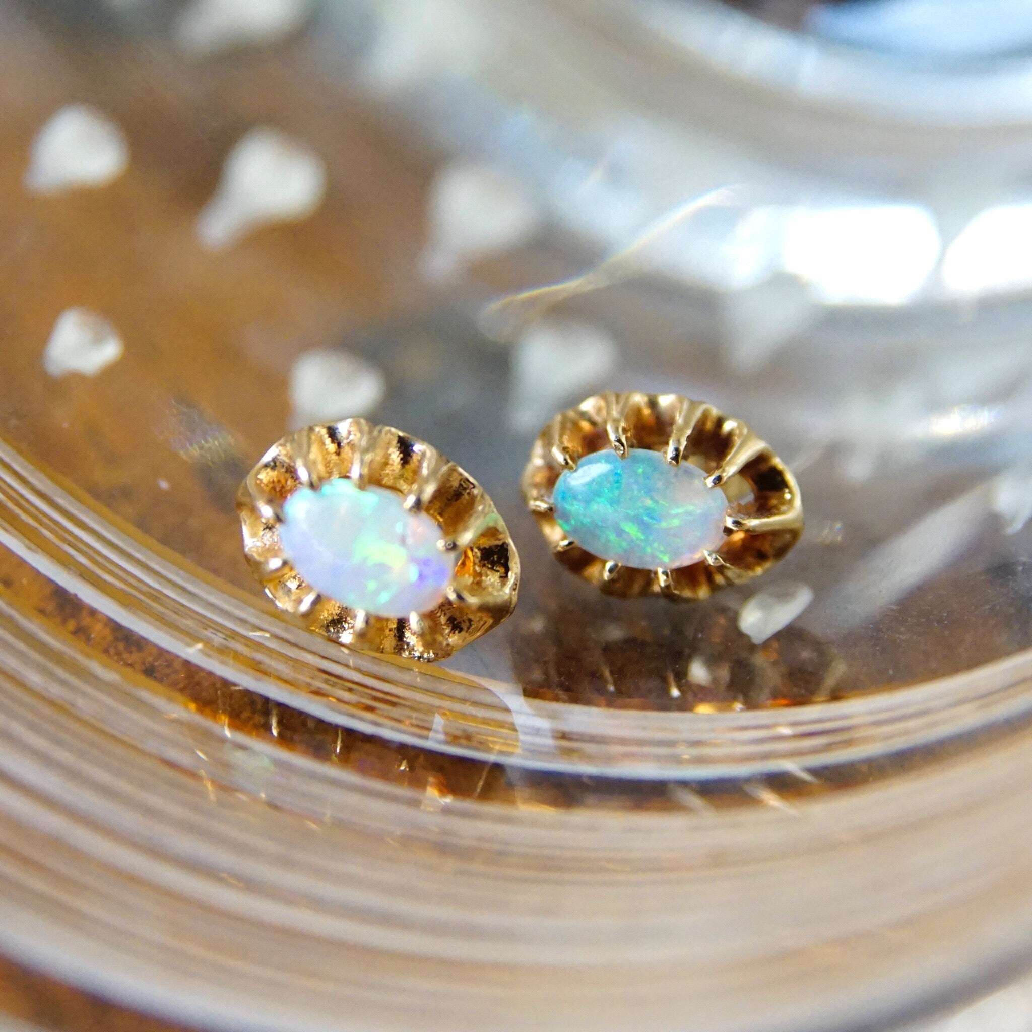 Vintage 14K Gold Prong Set Opal Stud Earrings, Gorgeous Opalescent Earrings With Gold Backings, Petite Gold Earrings, October Birthstone