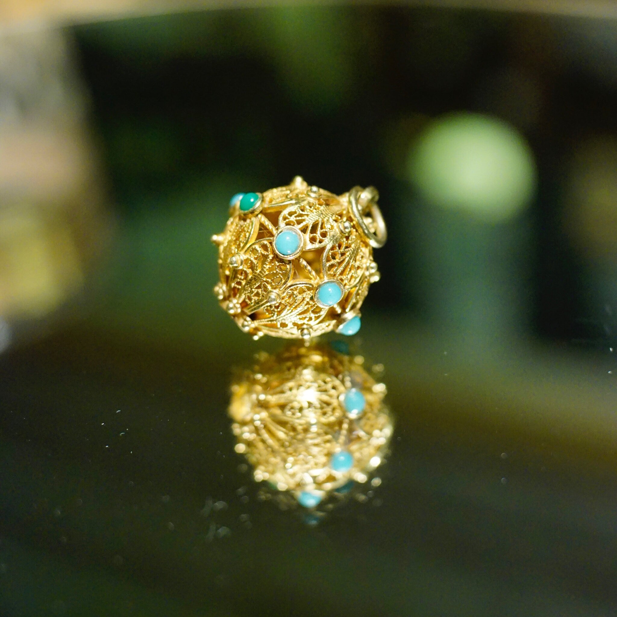 Vintage 14K Gold Filigree & Turquoise Ball Charm, Intricate Yellow Gold Pendant With Accent Stones, Hollow Gold Charm/Pendant, 14K Jewelry
