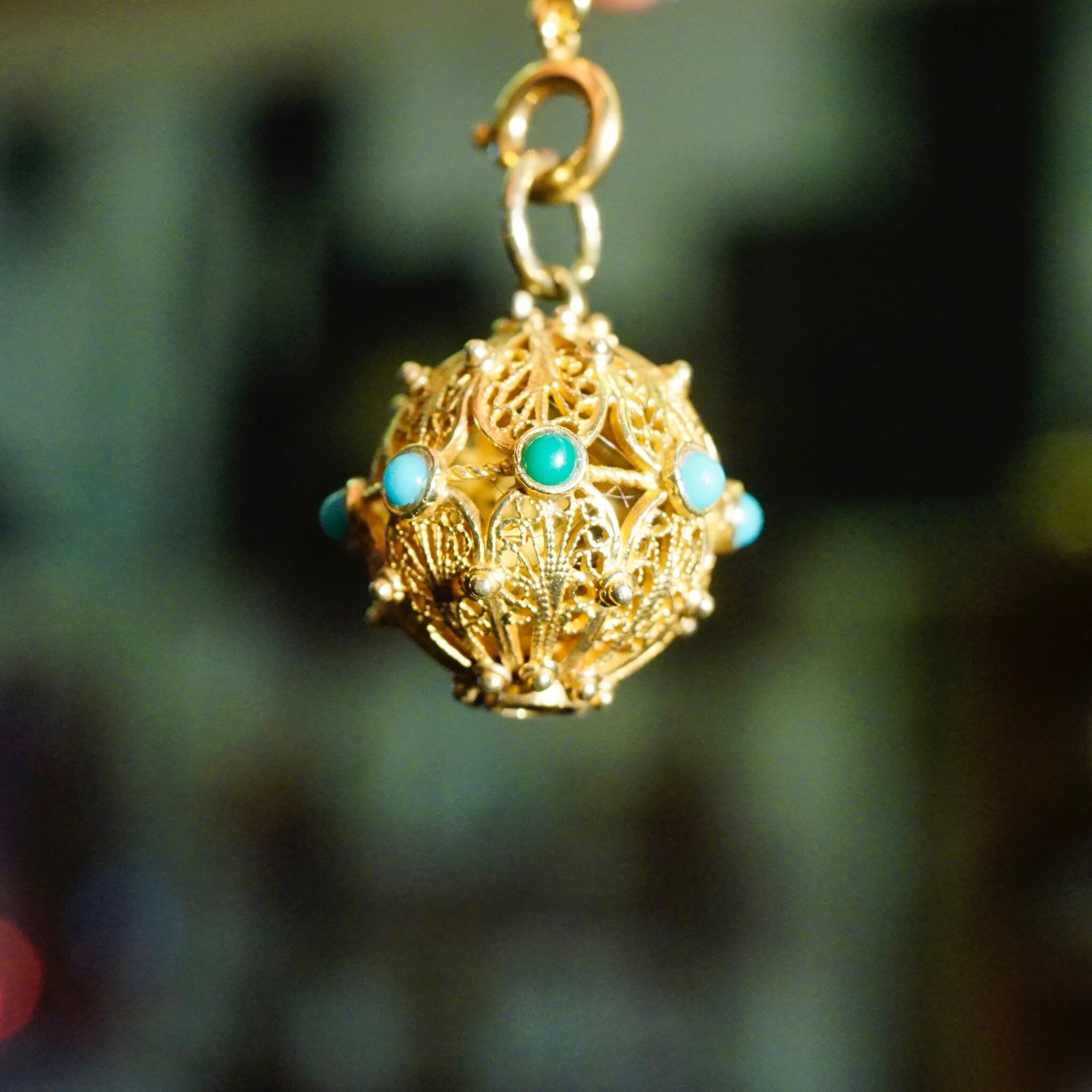 Vintage 14K Gold Filigree & Turquoise Ball Charm, Intricate Yellow Gold Pendant With Accent Stones, Hollow Gold Charm/Pendant, 14K Jewelry