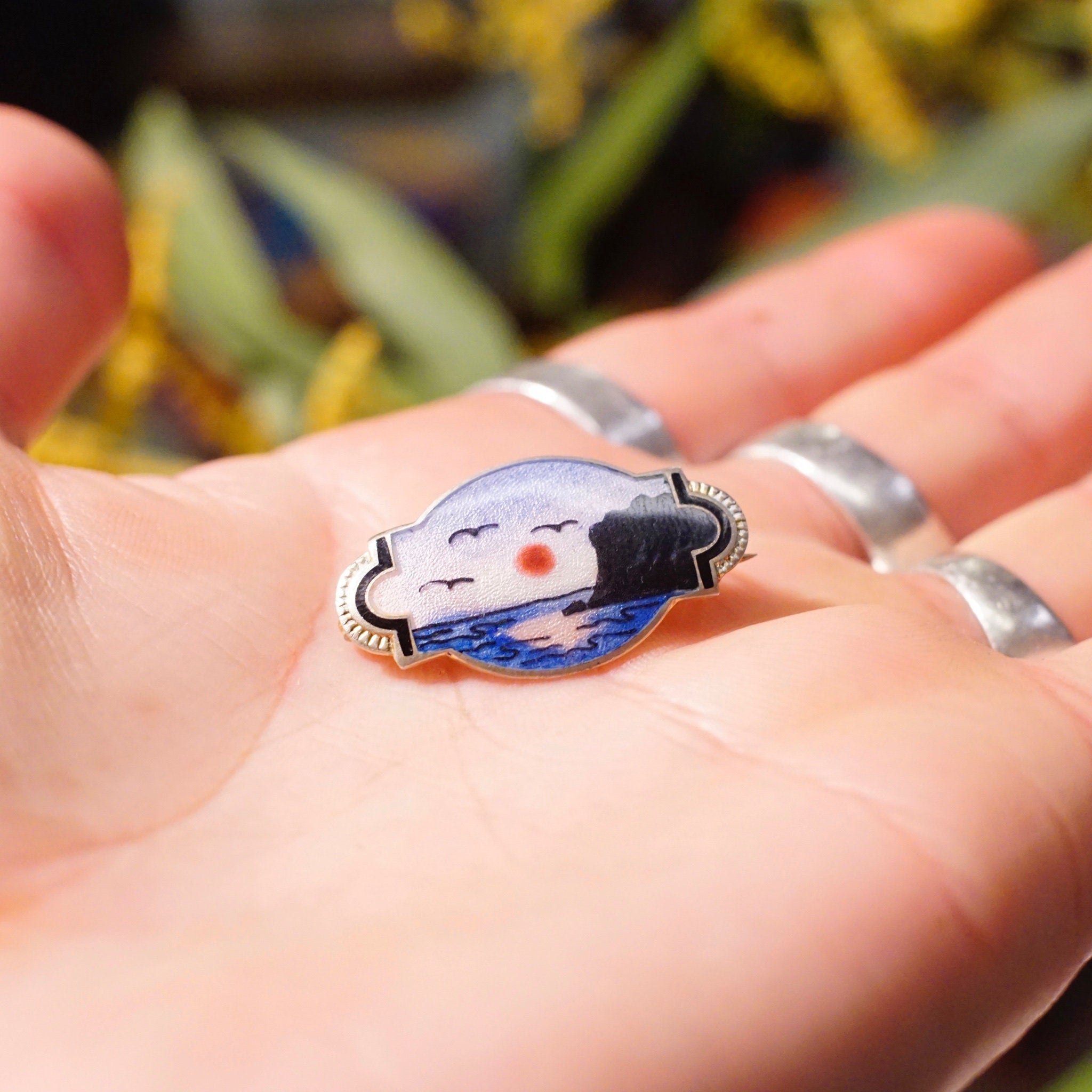 Vintage Norway Sterling Guilloche Enamel Sunset Pin, Small Silver Brooch With Color Scenic View, Aksel Holmsen, Scandinavian Jewelry, 925S