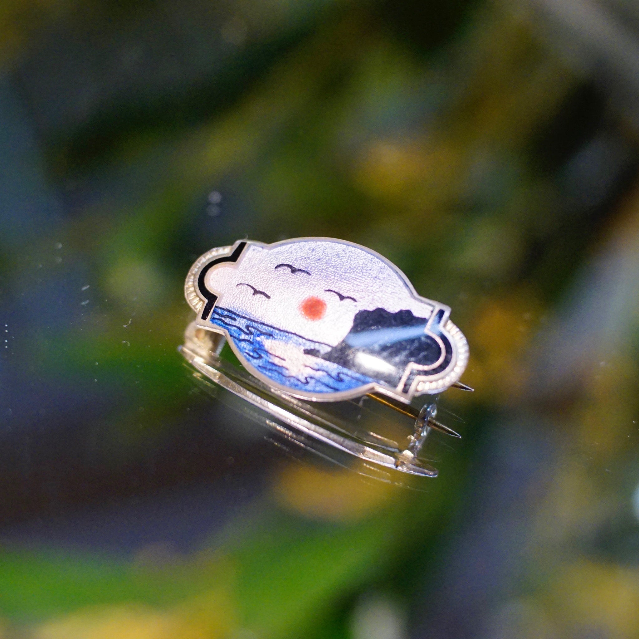 Vintage Norway Sterling Guilloche Enamel Sunset Pin, Small Silver Brooch With Color Scenic View, Aksel Holmsen, Scandinavian Jewelry, 925S