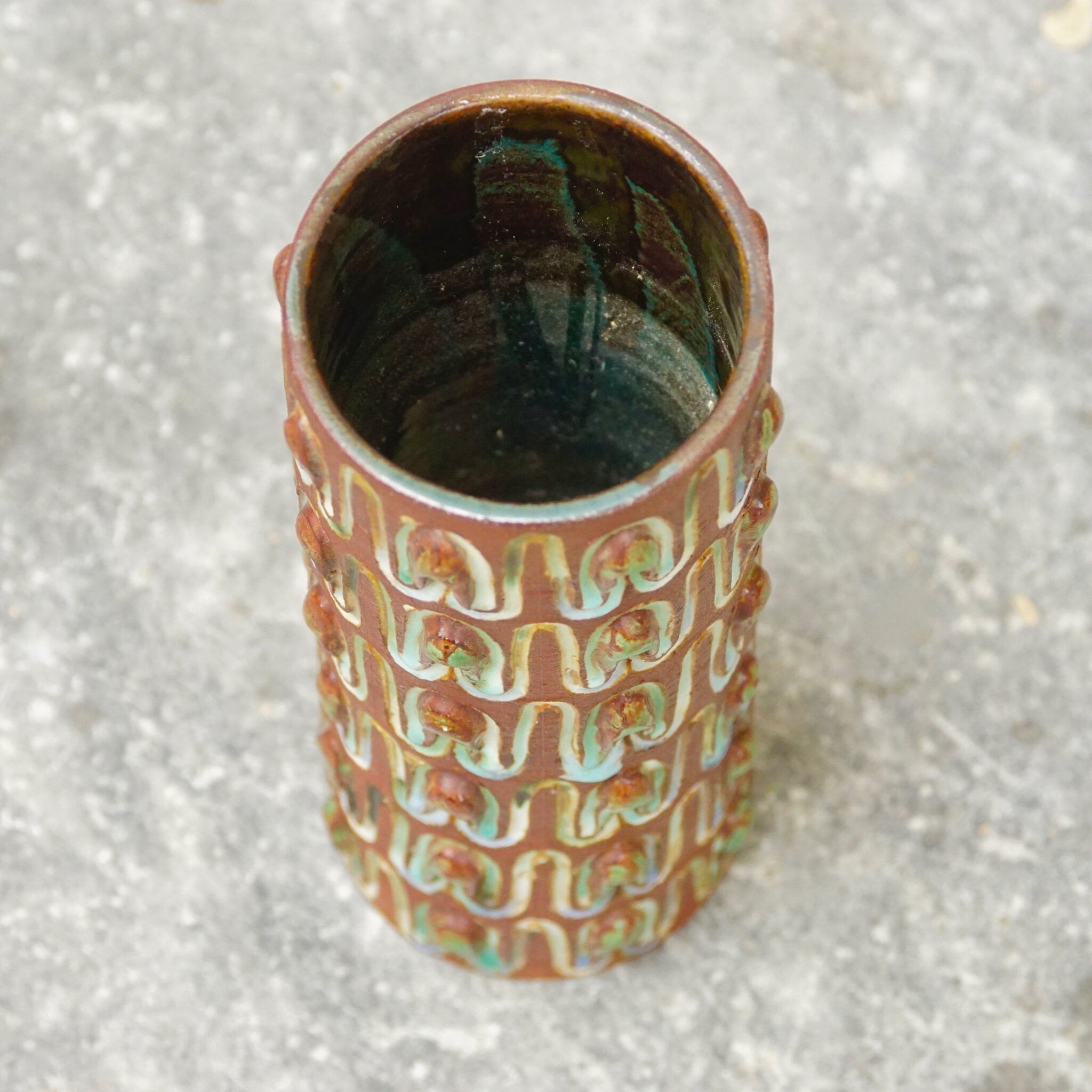 Mid-Century Scandinavian Glazed Ceramic Vase, Vintage Denmark Carved Ceramic Vase/Brush Holder, Unique Patterned Flower Vase, 8 1/4" H