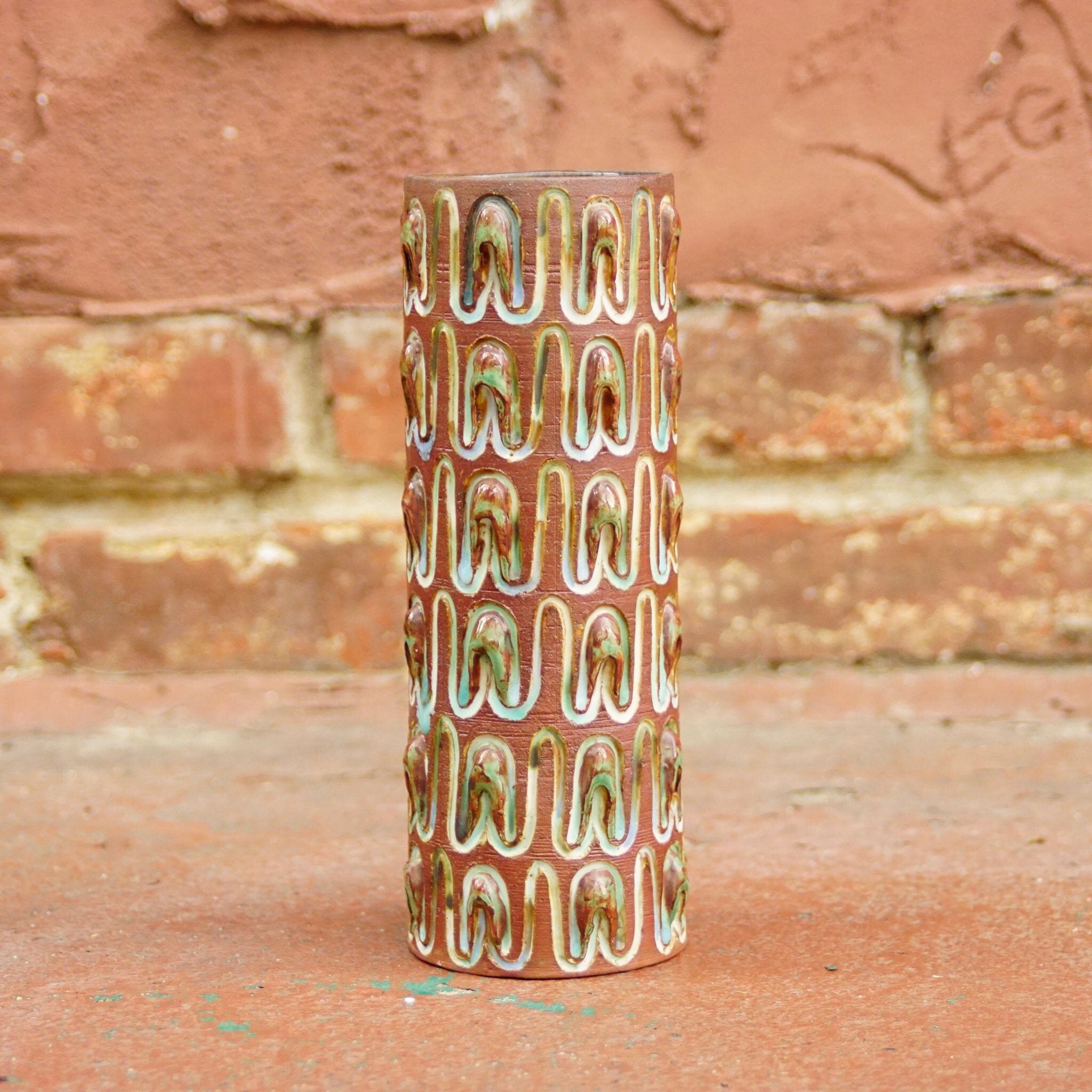 Mid-Century Scandinavian Glazed Ceramic Vase, Vintage Denmark Carved Ceramic Vase/Brush Holder, Unique Patterned Flower Vase, 8 1/4" H
