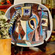Vintage 1955 Mid-Century Modern Abstract Glazed Ceramic Centerpiece Plate, Large Heavy Handmade Ceramic Platter, Craft Ceramics