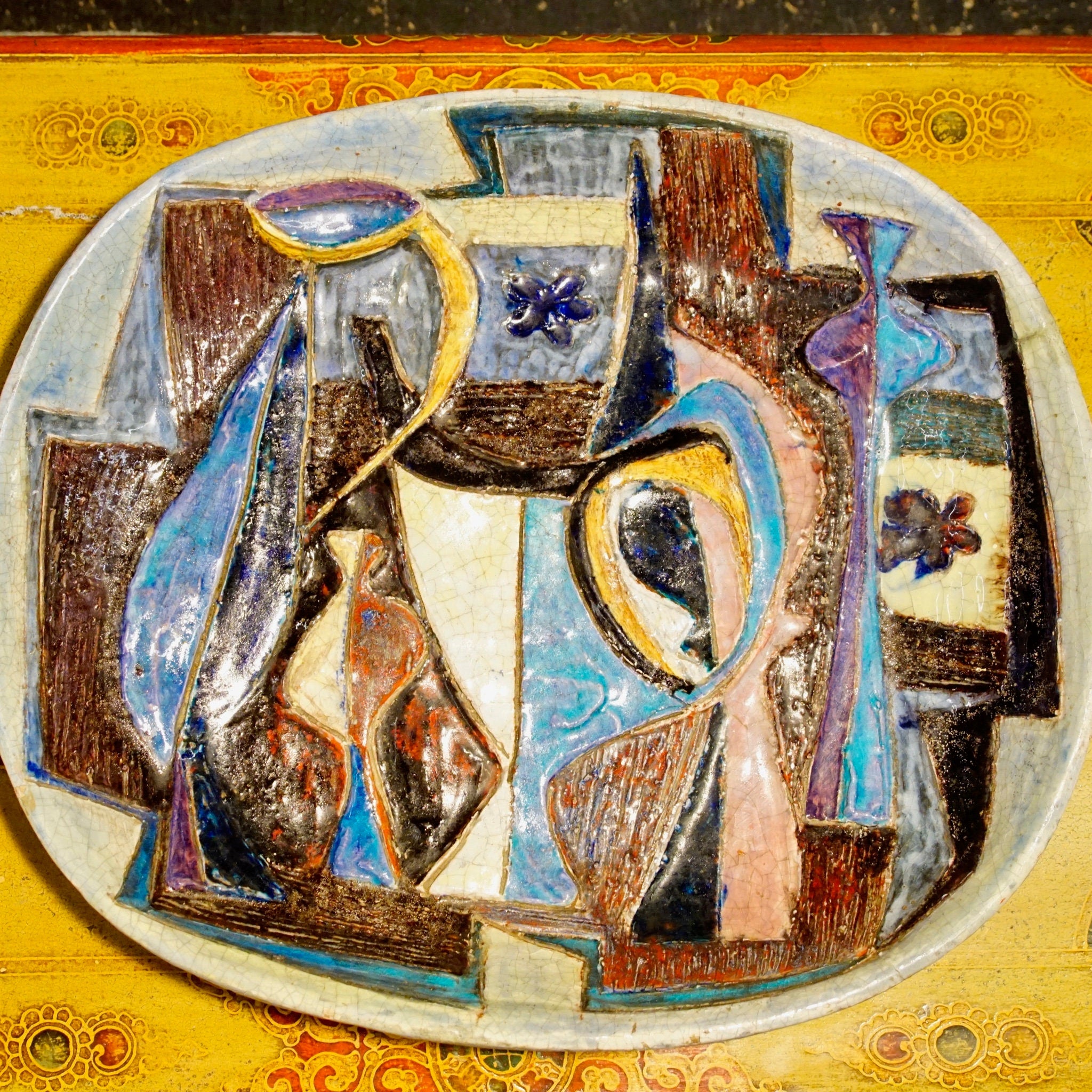 Vintage 1955 Mid-Century Modern Abstract Glazed Ceramic Centerpiece Plate, Large Heavy Handmade Ceramic Platter, Craft Ceramics