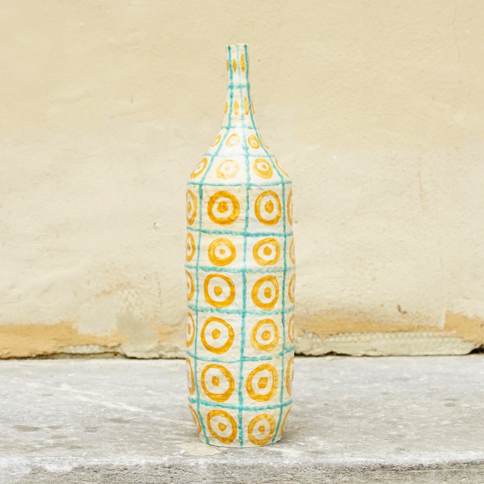 Vintage Mod Ceramic Vase, Tall Handmade Vase With Narrow Neck, Hand Painted Vase With Circle Dot Pattern, White Blue & Orange, 15.5" H
