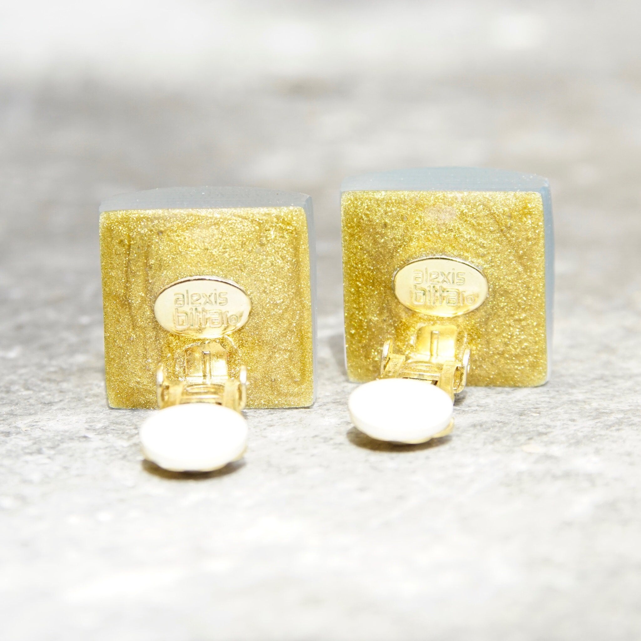 Vintage Designer Alexis Bittar Blue Lucite Square Clip On Earrings, Spectacular Ridged Iridescent Clear/Blue Lucite Earrings, 7/8"