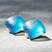 Vintage Designer Alexis Bittar Blue Lucite Square Clip On Earrings, Spectacular Ridged Iridescent Clear/Blue Lucite Earrings, 7/8"