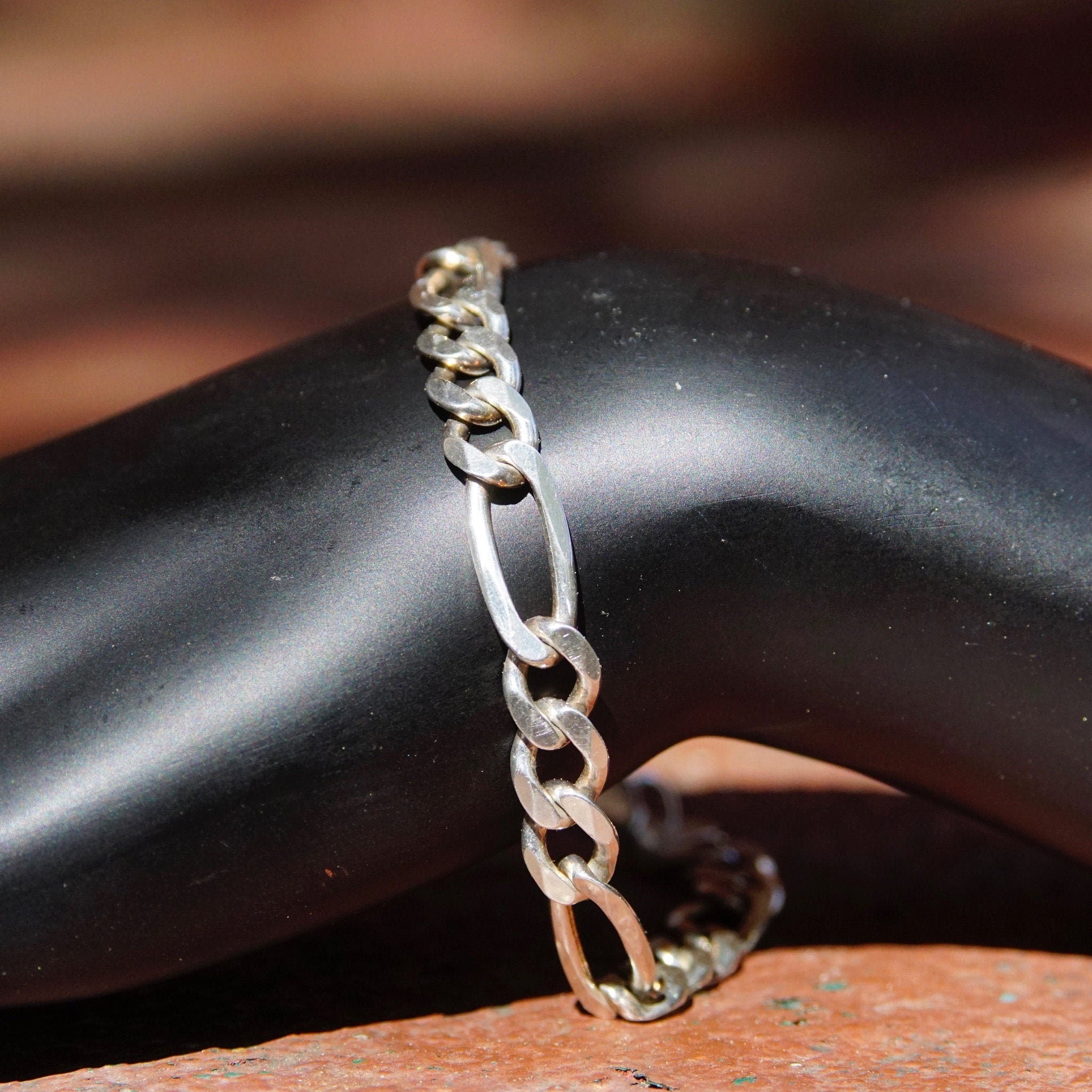 Vintage Sterling Silver Figaro Chain Bracelet, Classic Figaro Chain 7mm, Italian 925 Figaro Bracelet, Minimalist Silver Bracelet, 8" Long