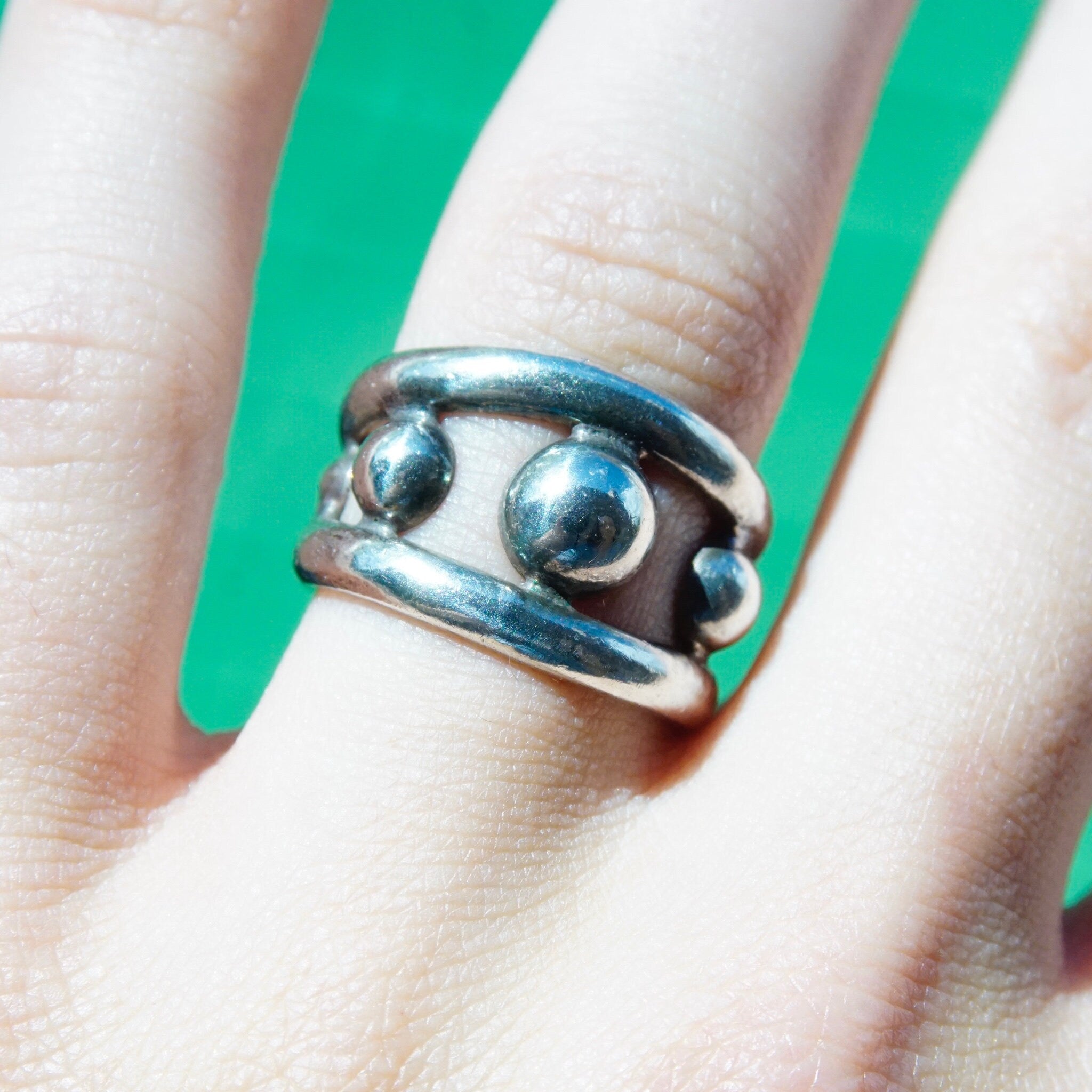 Vintage Sterling Silver Cut Out Bubble Ring, Silver Cuff Ring With Graduated Bead Design, Adjustable Ring, Mexico 925, Size 8-10 US
