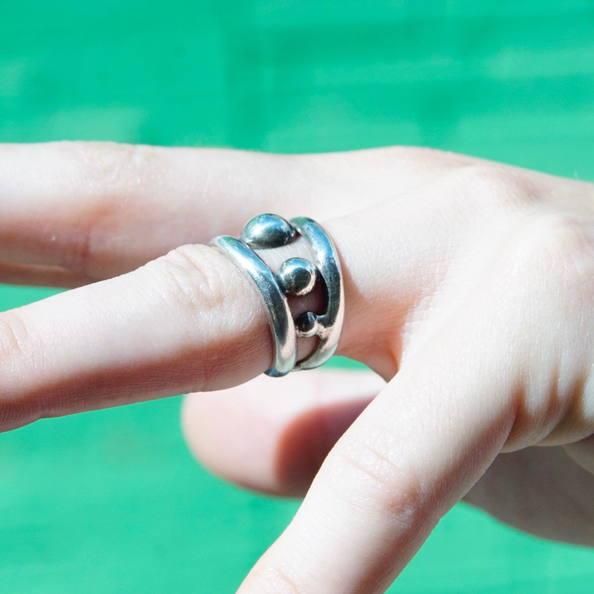 Vintage Sterling Silver Cut Out Bubble Ring, Silver Cuff Ring With Graduated Bead Design, Adjustable Ring, Mexico 925, Size 8-10 US