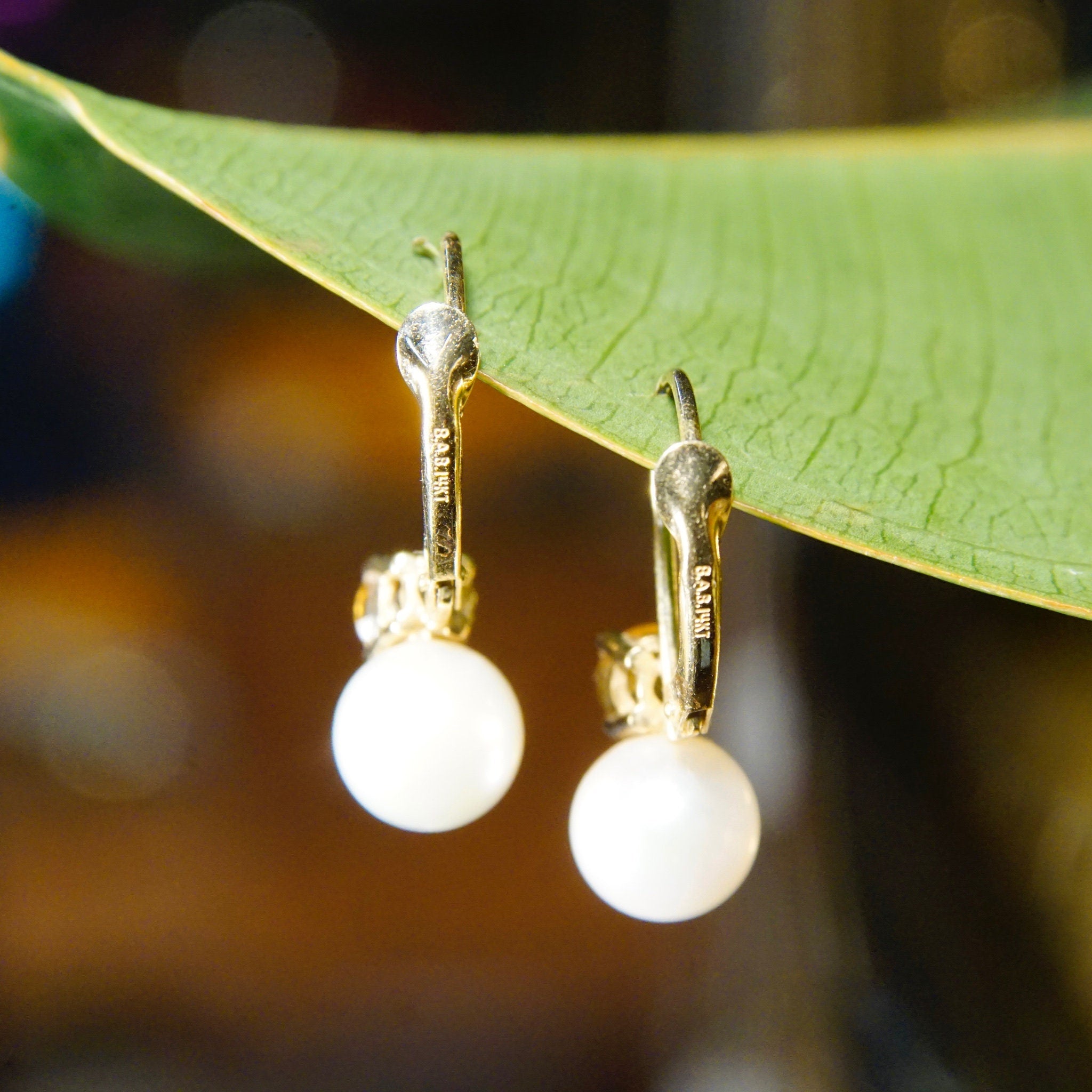 Vintage B.A.B 14K Gold Pearl Citrine Accent Drop Earrings, Petite Gold Pearl Lever Back Earrings, Brilliant Cut Citrine Accent Stone, 3/4" L