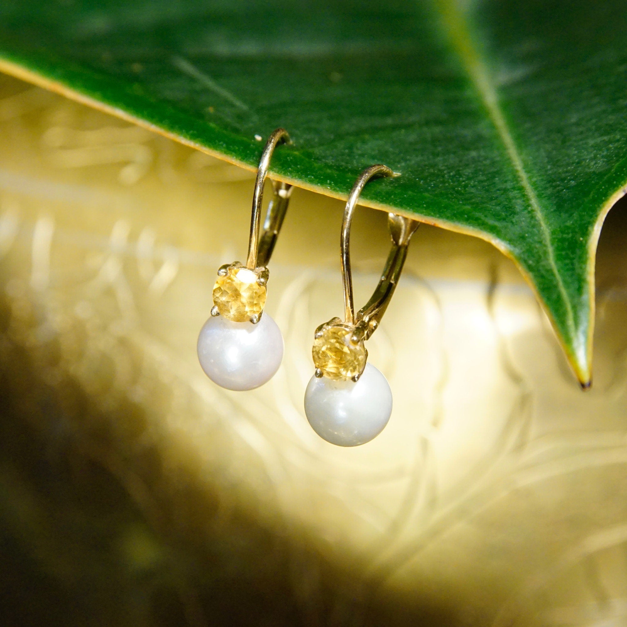Vintage B.A.B 14K Gold Pearl Citrine Accent Drop Earrings, Petite Gold Pearl Lever Back Earrings, Brilliant Cut Citrine Accent Stone, 3/4" L