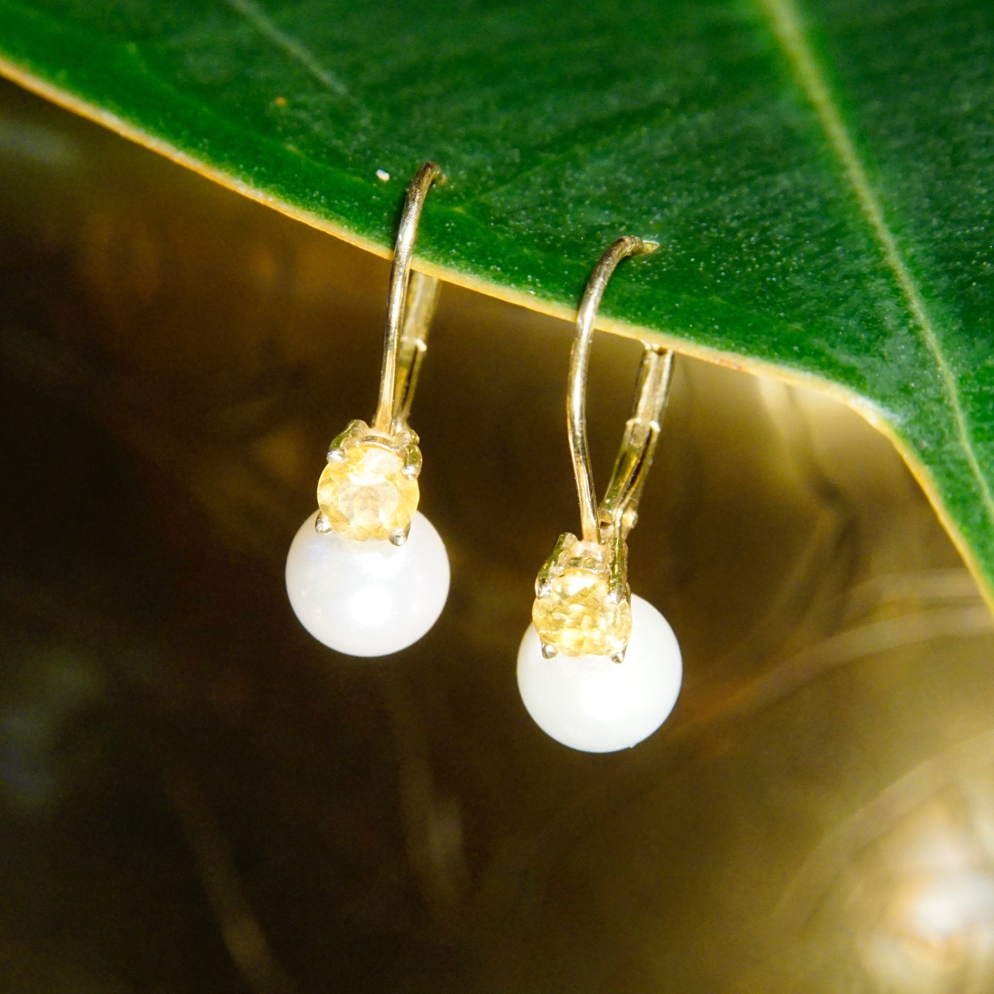 Vintage B.A.B 14K Gold Pearl Citrine Accent Drop Earrings, Petite Gold Pearl Lever Back Earrings, Brilliant Cut Citrine Accent Stone, 3/4" L