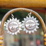 Vintage Sterling Silver Sun Face Dangle Earrings, Embossed Silver Sun Earrings, Celestial Silver Fish Hook Earrings, Sun God Drop Earrings