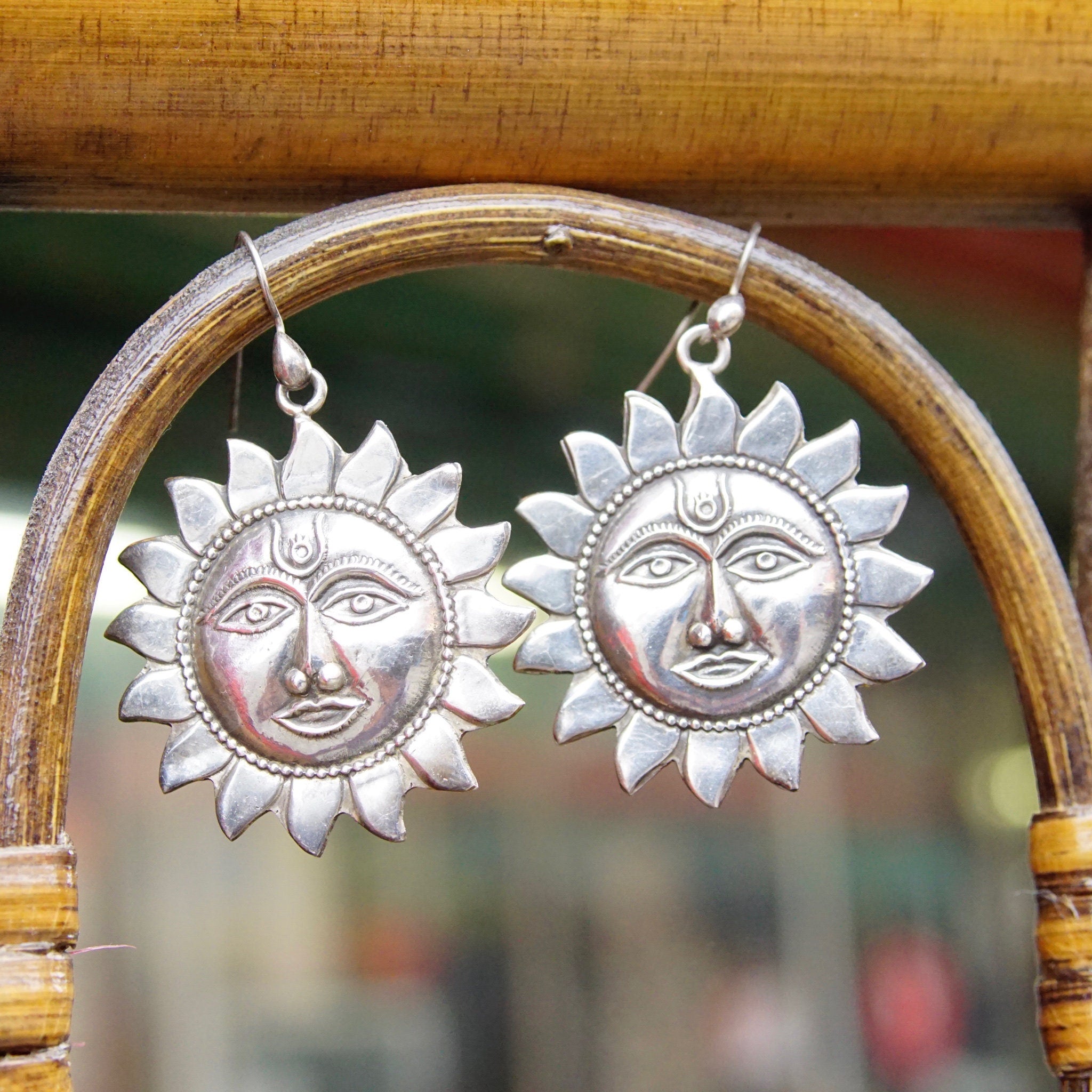 Vintage Sterling Silver Sun Face Dangle Earrings, Embossed Silver Sun Earrings, Celestial Silver Fish Hook Earrings, Sun God Drop Earrings