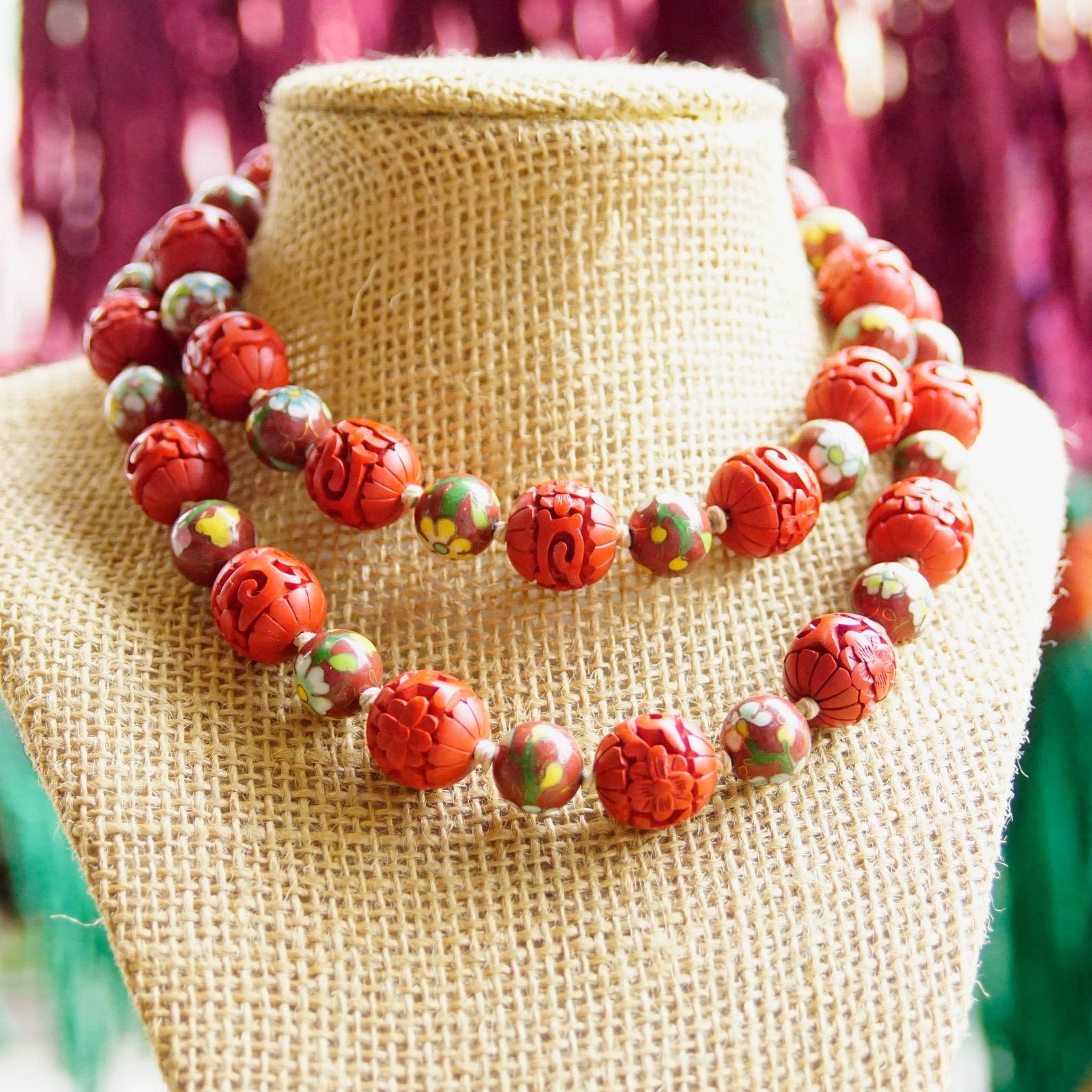 Vintage Chinese Carved Cinnabar & Cloisonne Bead Necklace, Floral Design, Red Enamel Cloisonne Beads, Silver Slide Clasp, 31" Long
