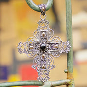 Vintage 18K Gold & Sterling Silver Onyx Cross Pendant, BA Indonesia Suarti Bali 925, Large Silver Filigree Cross With Gold and Onyx Details