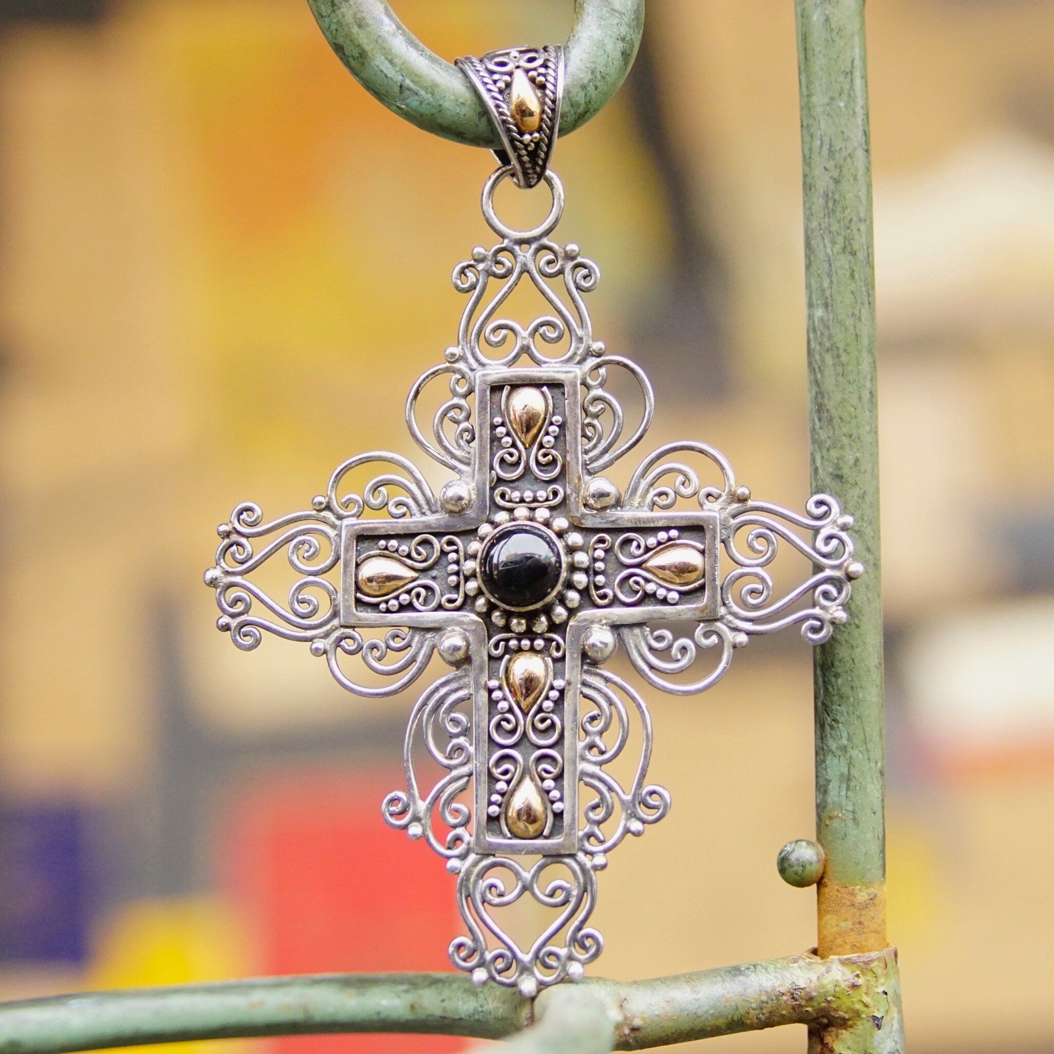 Vintage 18K Gold & Sterling Silver Onyx Cross Pendant, BA Indonesia Suarti Bali 925, Large Silver Filigree Cross With Gold and Onyx Details