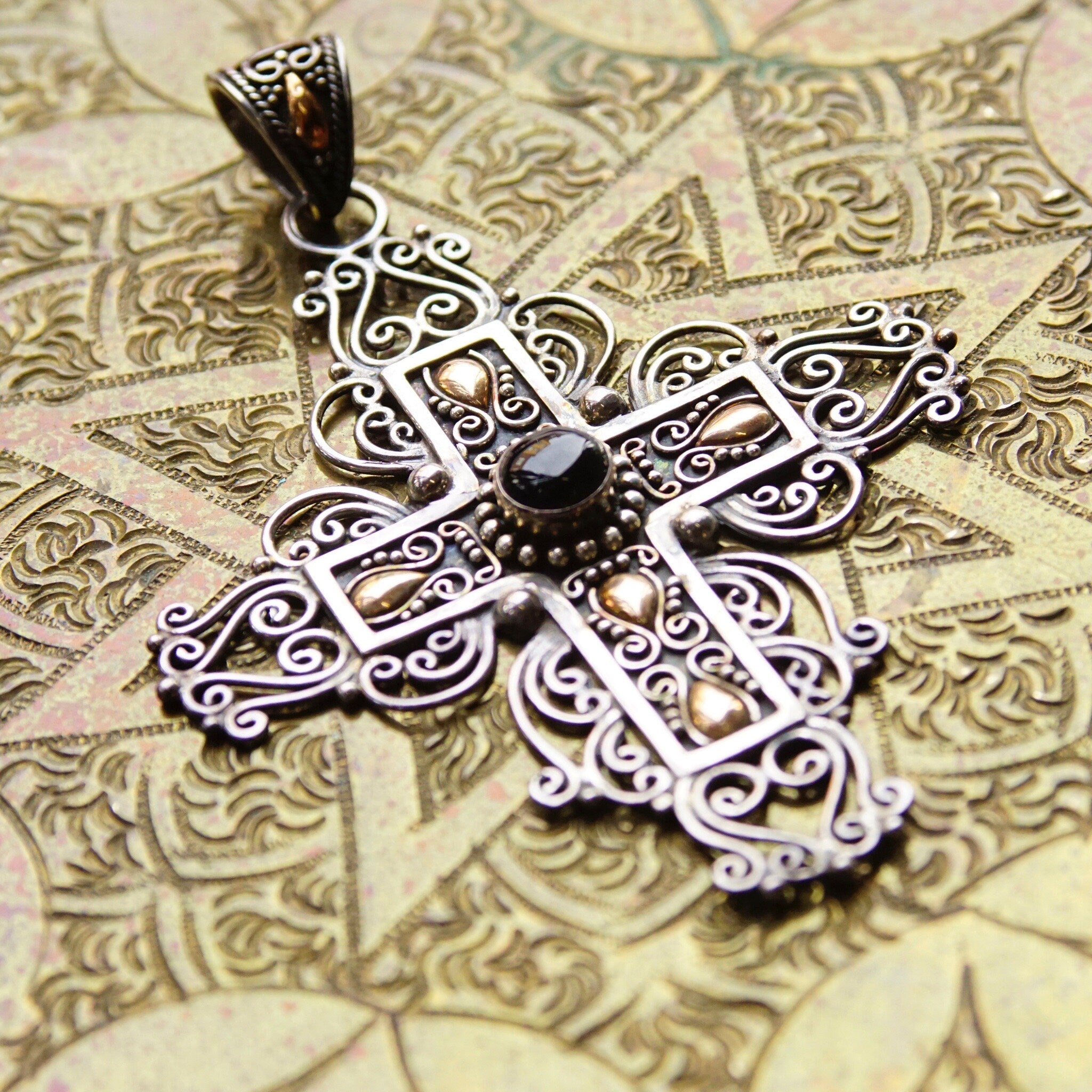 Vintage 18K Gold & Sterling Silver Onyx Cross Pendant, BA Indonesia Suarti Bali 925, Large Silver Filigree Cross With Gold and Onyx Details