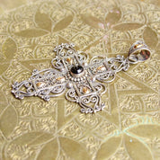Vintage 18K Gold & Sterling Silver Onyx Cross Pendant, BA Indonesia Suarti Bali 925, Large Silver Filigree Cross With Gold and Onyx Details