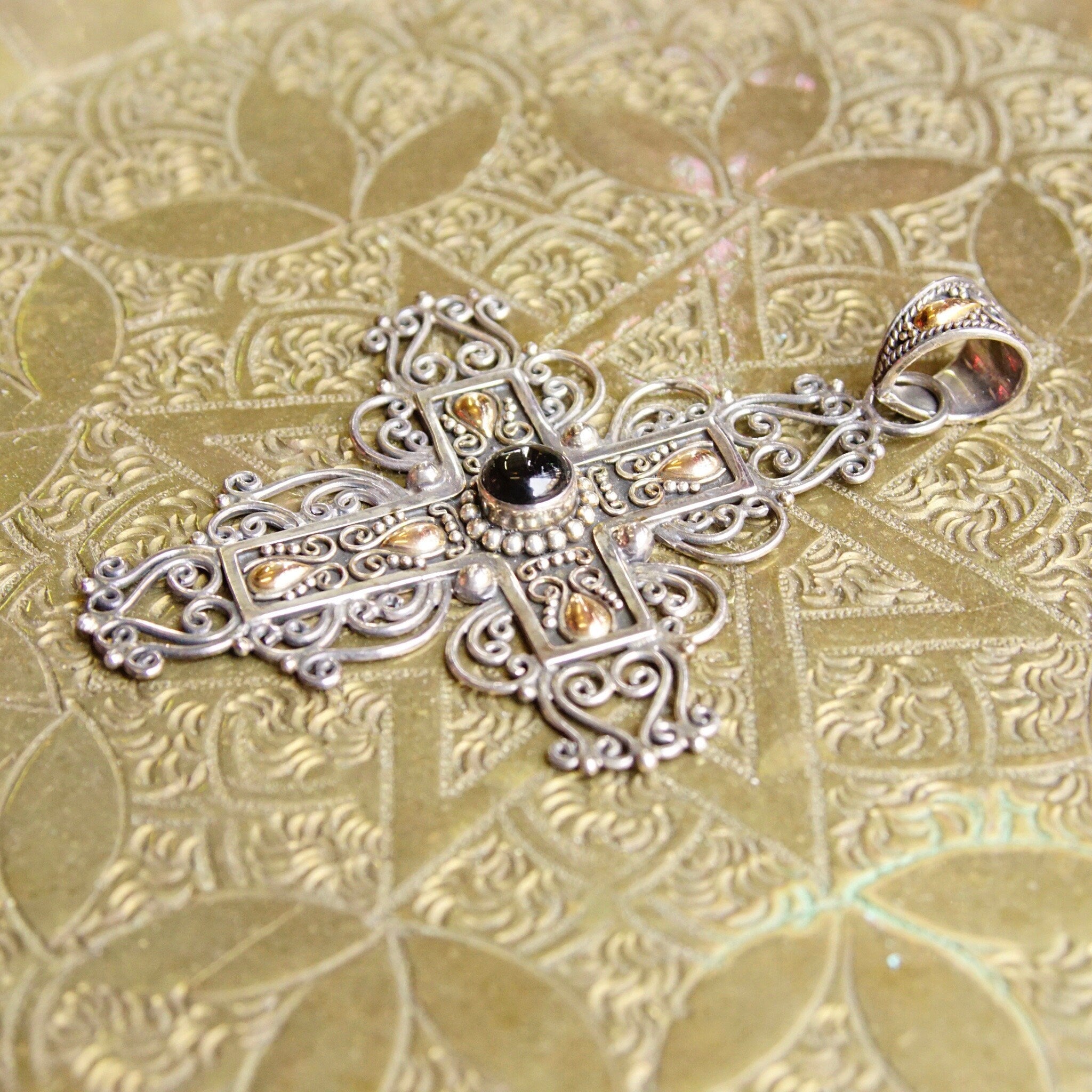 Vintage 18K Gold & Sterling Silver Onyx Cross Pendant, BA Indonesia Suarti Bali 925, Large Silver Filigree Cross With Gold and Onyx Details