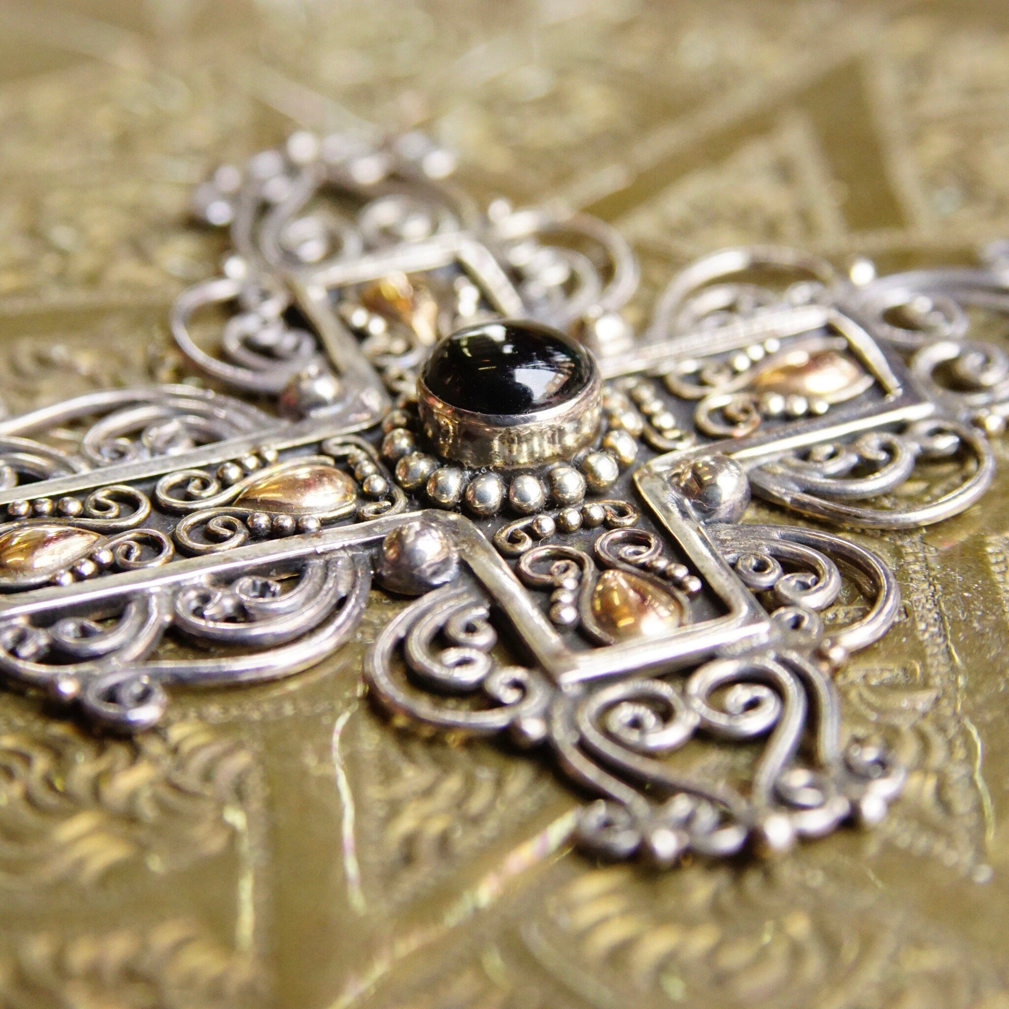 Vintage 18K Gold & Sterling Silver Onyx Cross Pendant, BA Indonesia Suarti Bali 925, Large Silver Filigree Cross With Gold and Onyx Details