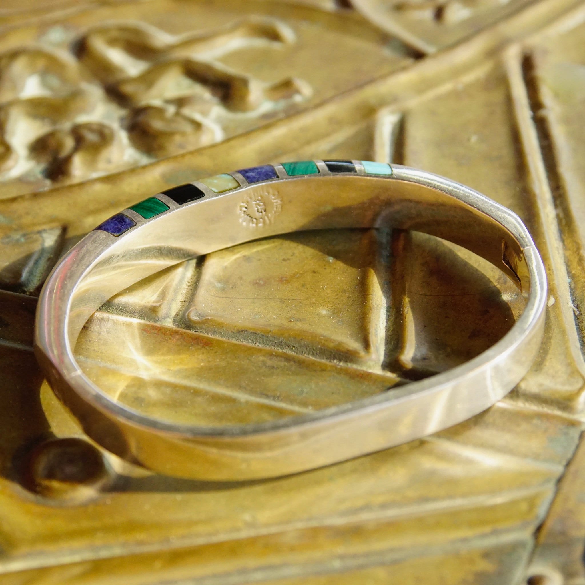 Vintage TAXCO Multi-Stone Sterling Silver Hinge Bangle, Turquoise, Lapis, Malachite, Black Onyx, Silver Bangle With Colorful Inlaid Stones
