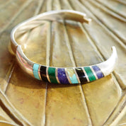 Vintage TAXCO Multi-Stone Sterling Silver Hinge Bangle, Turquoise, Lapis, Malachite, Black Onyx, Silver Bangle With Colorful Inlaid Stones